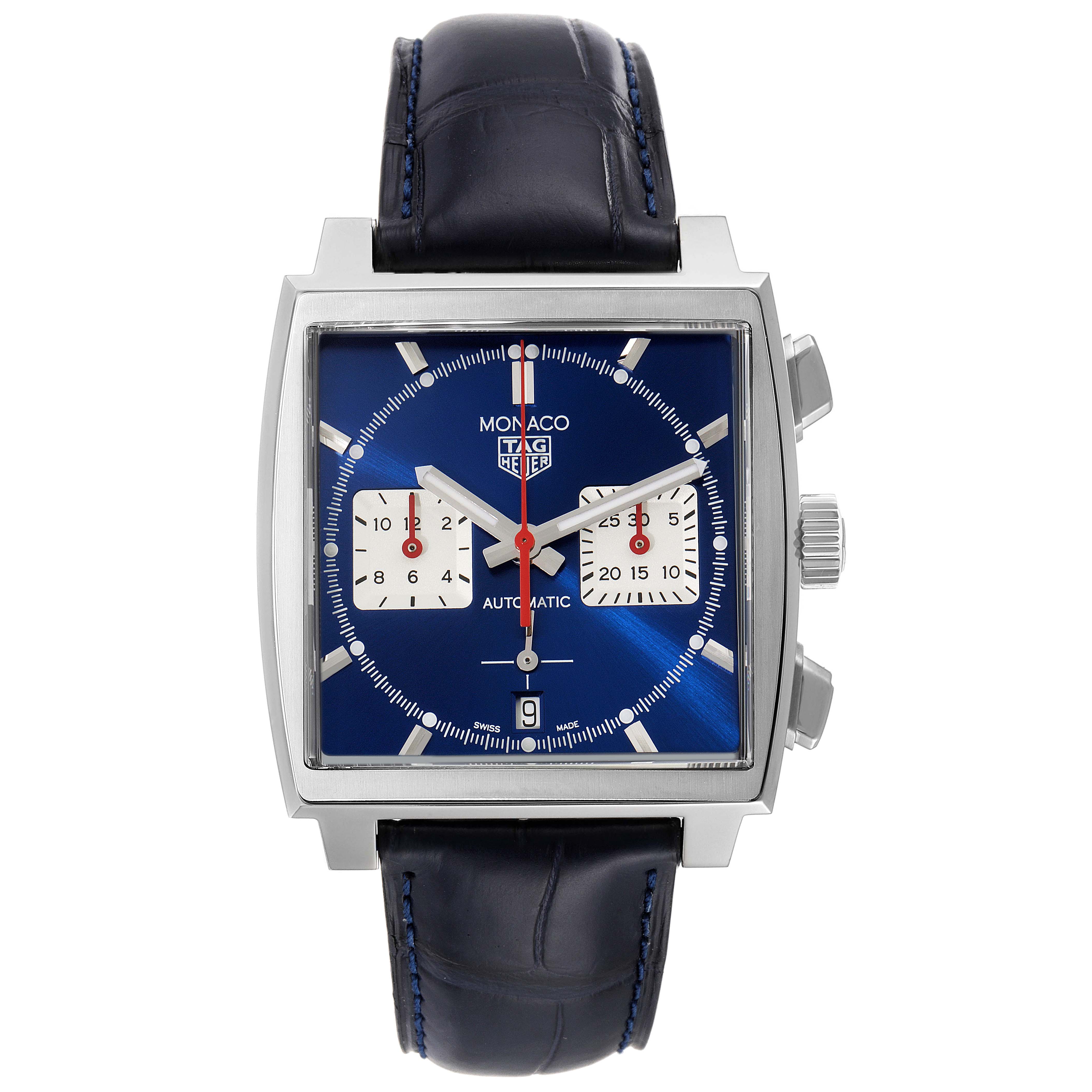 The image shows a front view of a Tag Heuer Monaco CBL2111.FC6453 Men's Stainless Steel Blue Dial CBL2111.FC6453 Men's Stainless Steel Blue Dial watch, displaying its blue dial, chronograph subdials, and leather strap.