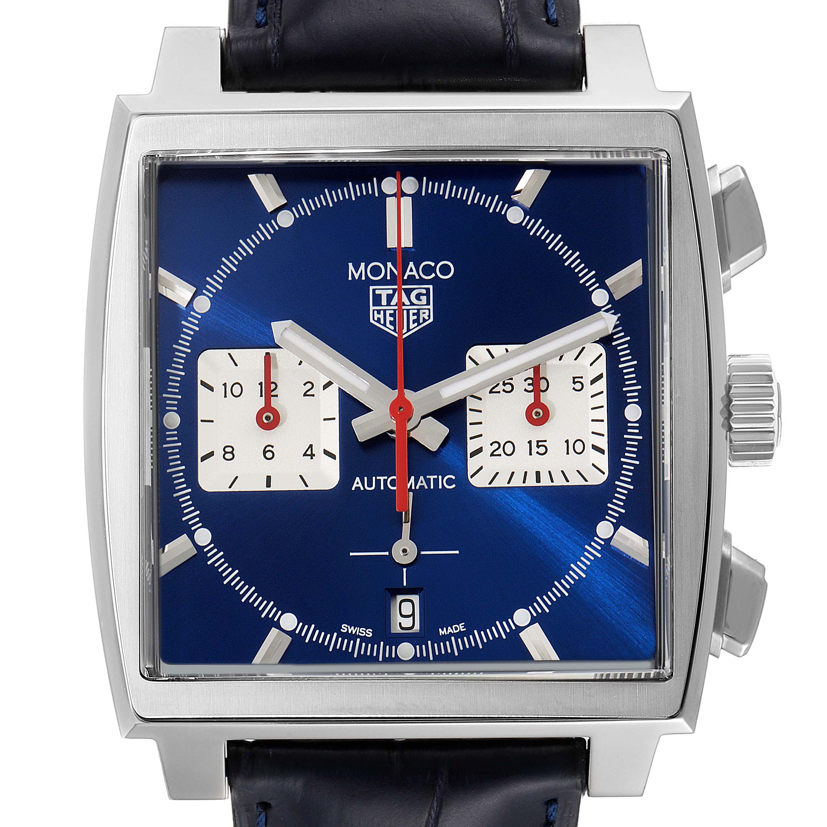 This image shows a front view of the Tag Heuer Monaco CBL2111.FC6453 Men's Stainless Steel Blue Dial CBL2111.FC6453 Men's Stainless Steel Blue Dial watch featuring the face, hands, subdials, date window, and crown.