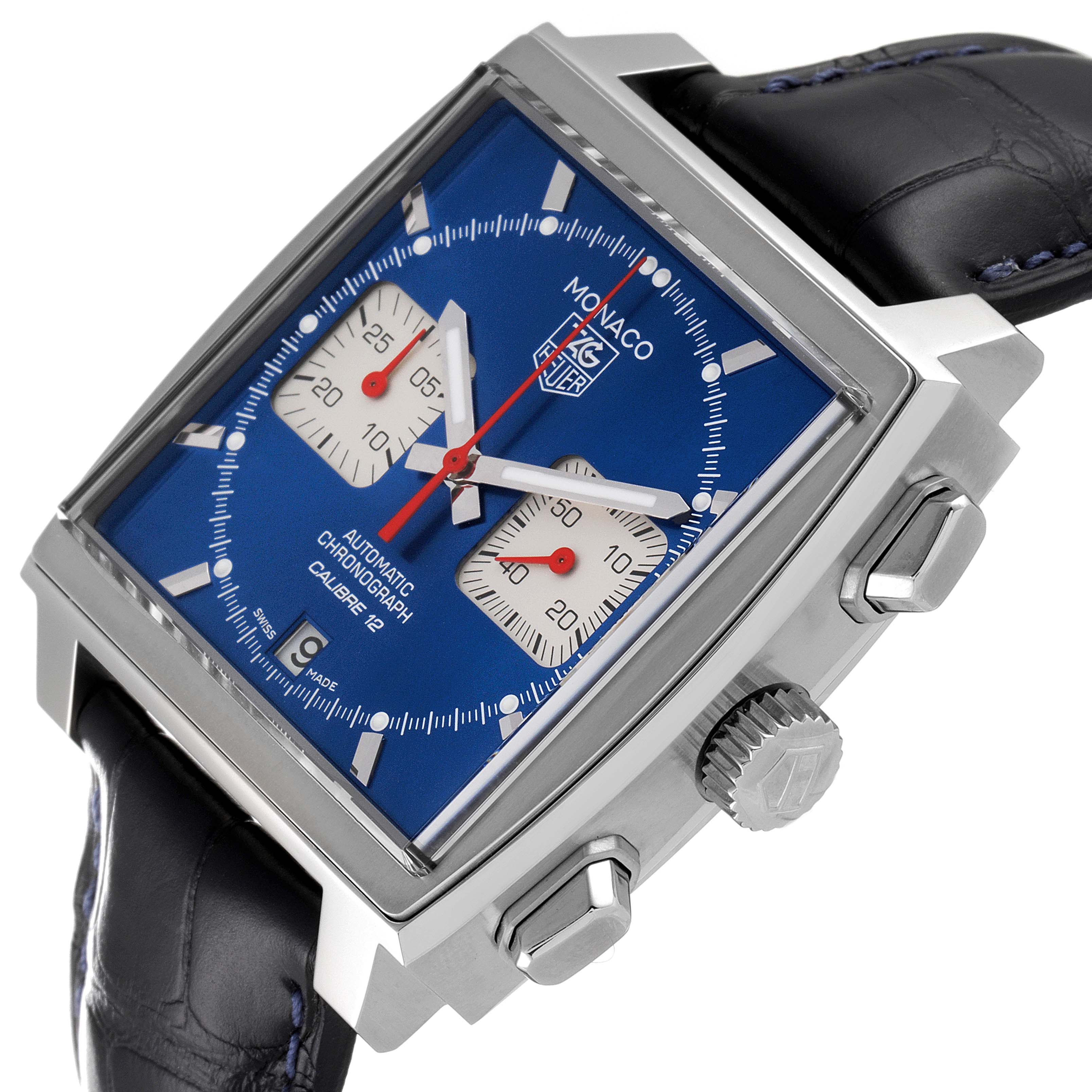 The Tag Heuer Monaco CAW2111 Men's Stainless Steel Blue Dial CAW2111 Men's Stainless Steel Blue Dial watch is shown at an angled view highlighting the square blue dial, chronograph subdials, and black leather strap.