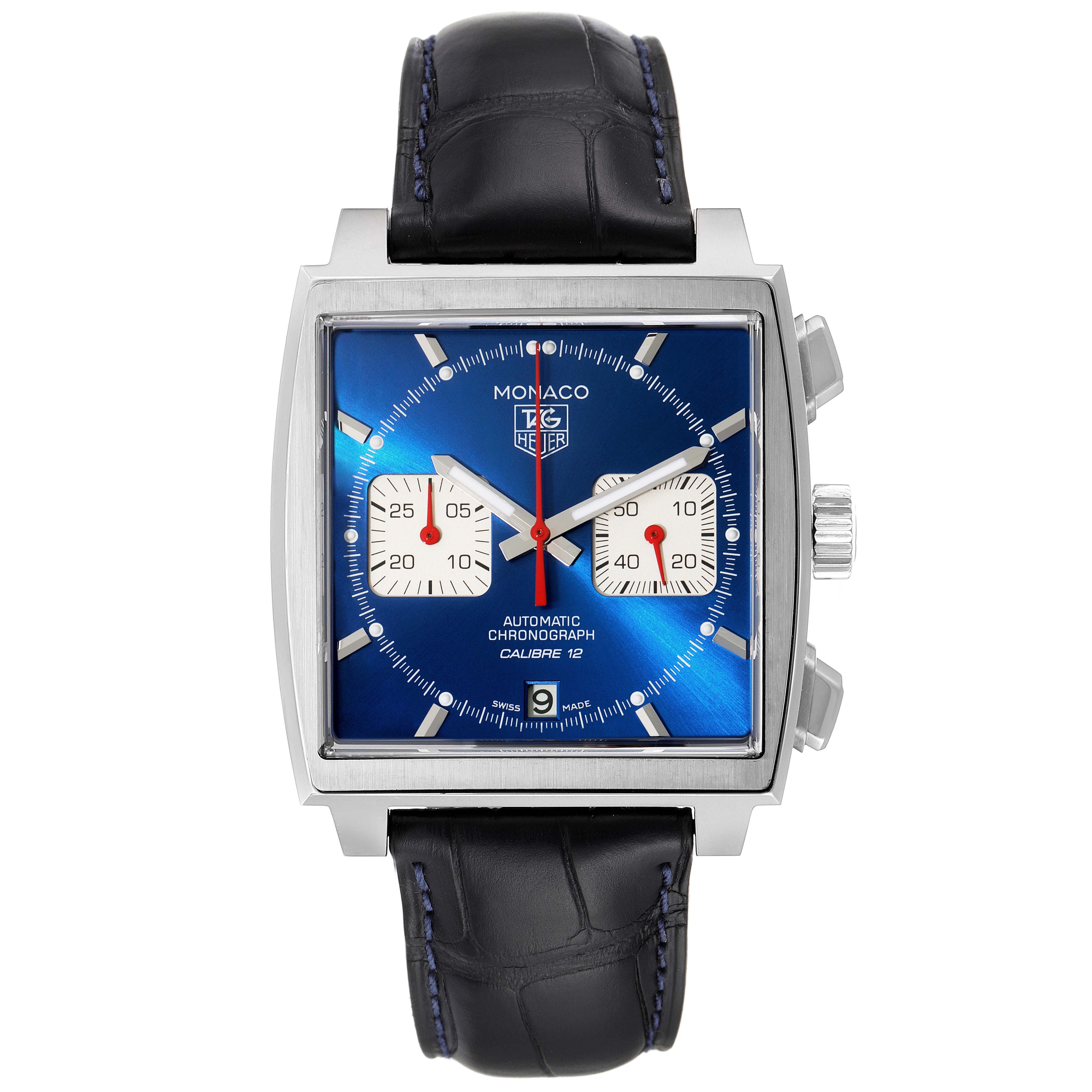 The image shows a front view of a Tag Heuer Monaco CAW2111 Men's Stainless Steel Blue Dial CAW2111 Men's Stainless Steel Blue Dial watch, highlighting its blue dial, square case, and black leather strap.