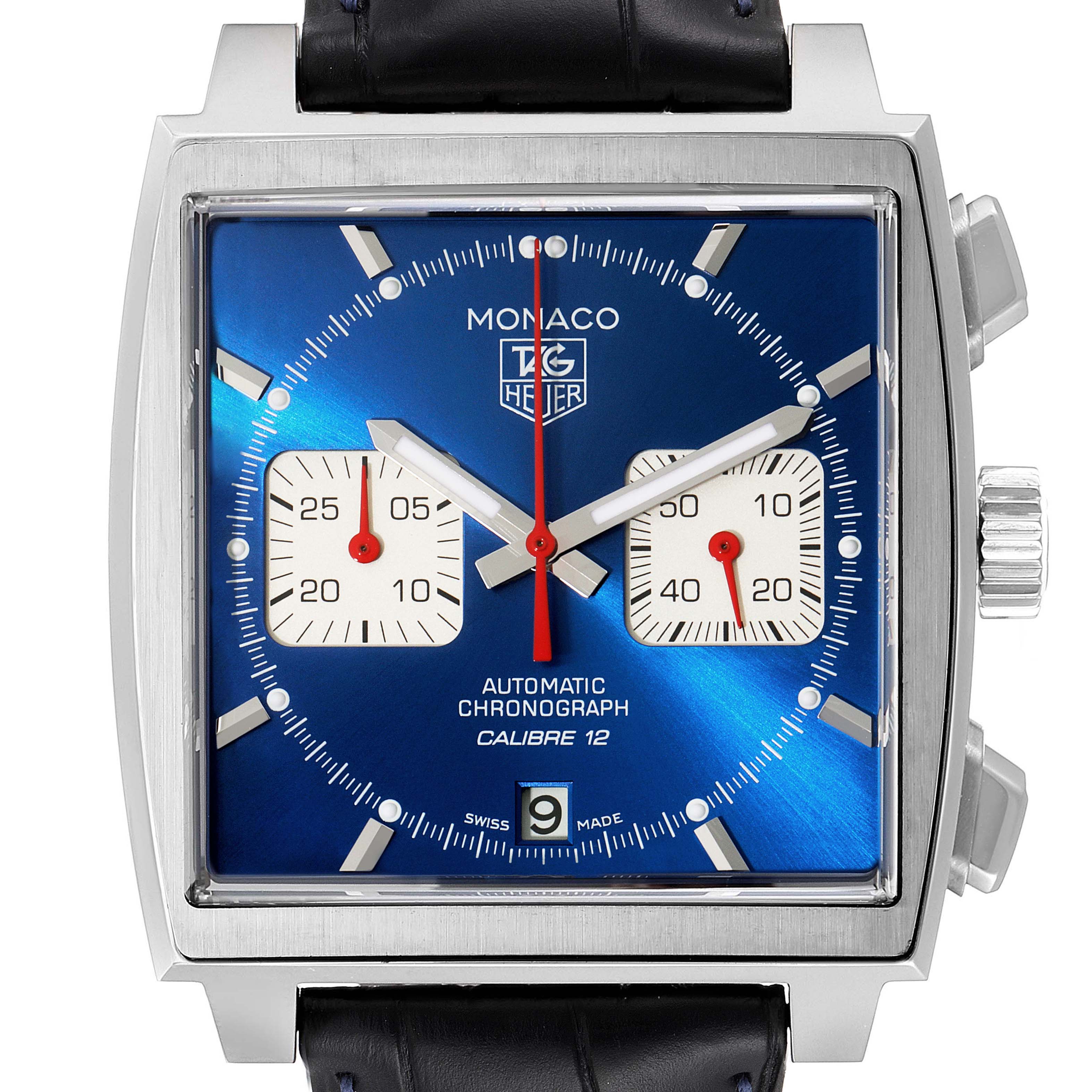 The image shows a frontal view of a Tag Heuer Monaco CAW2111 Men's Stainless Steel Blue Dial CAW2111 Men's Stainless Steel Blue Dial watch, featuring a blue dial, chronograph sub-dials, and a date window.