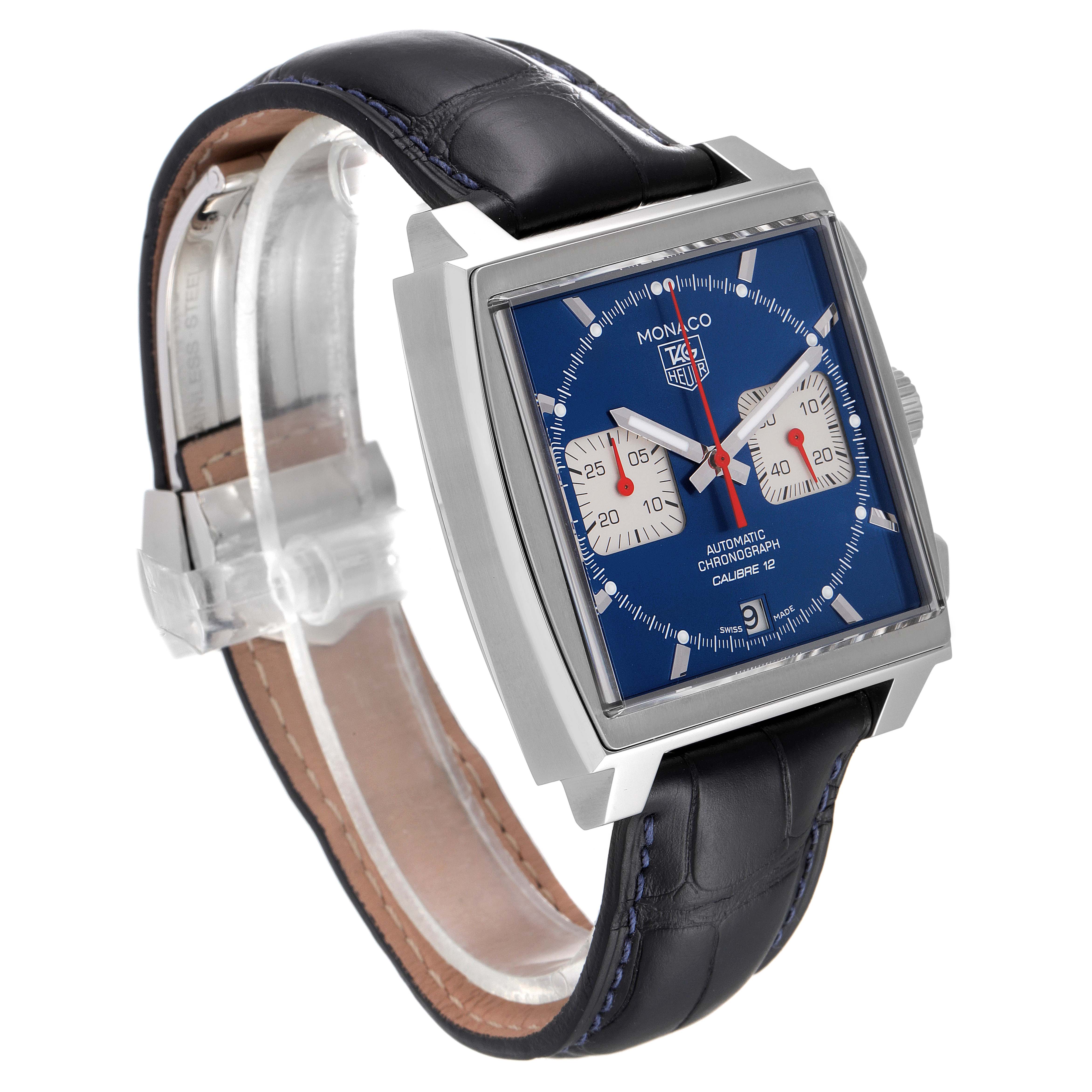 This image shows a Tag Heuer Monaco CAW2111 Men's Stainless Steel Blue Dial CAW2111 Men's Stainless Steel Blue Dial model watch at an angle capturing the face, band, and side profile.