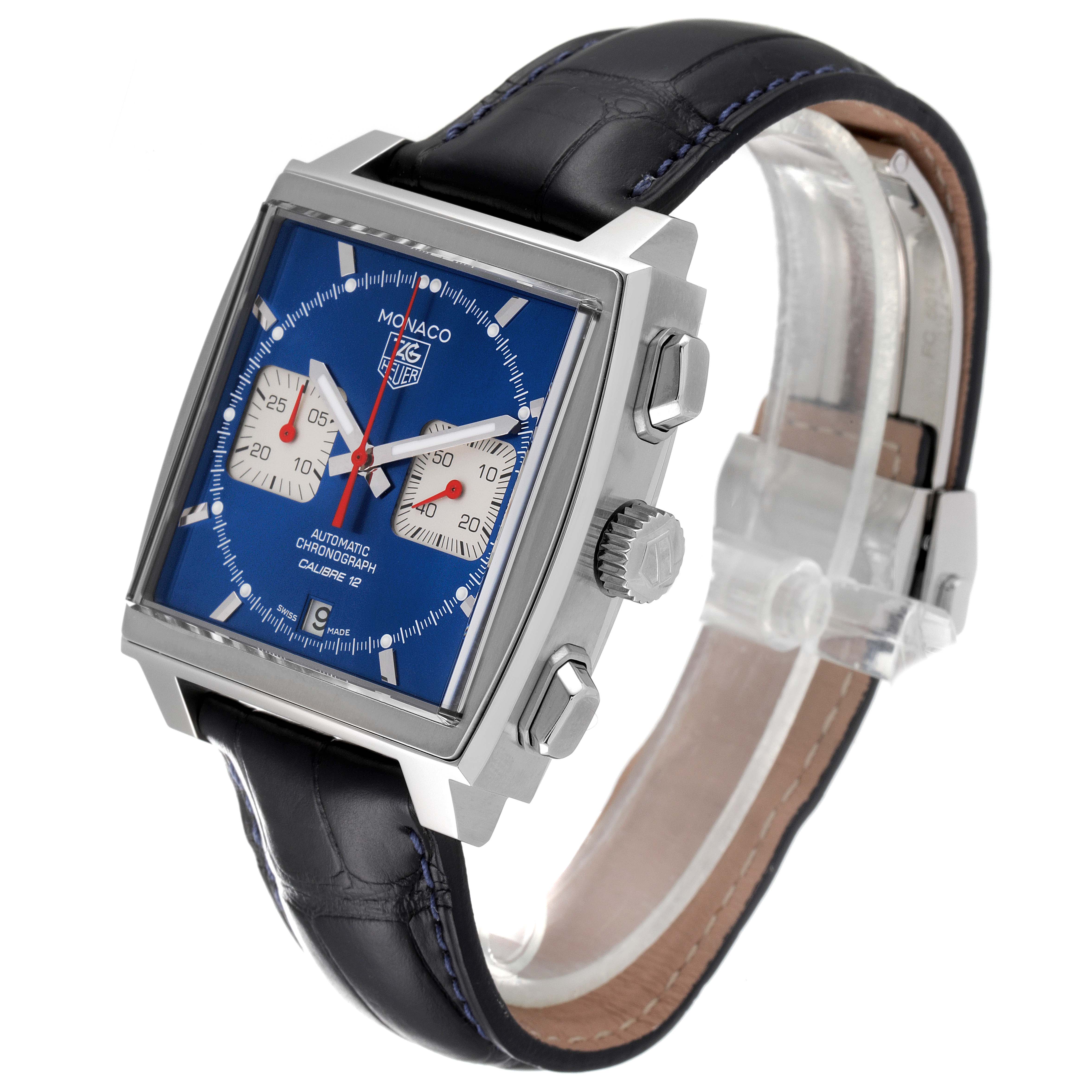 The Tag Heuer Monaco CAW2111 Men's Stainless Steel Blue Dial CAW2111 Men's Stainless Steel Blue Dial watch is shown at a three-quarter angle, highlighting the blue dial, crown, pushers, and leather strap.