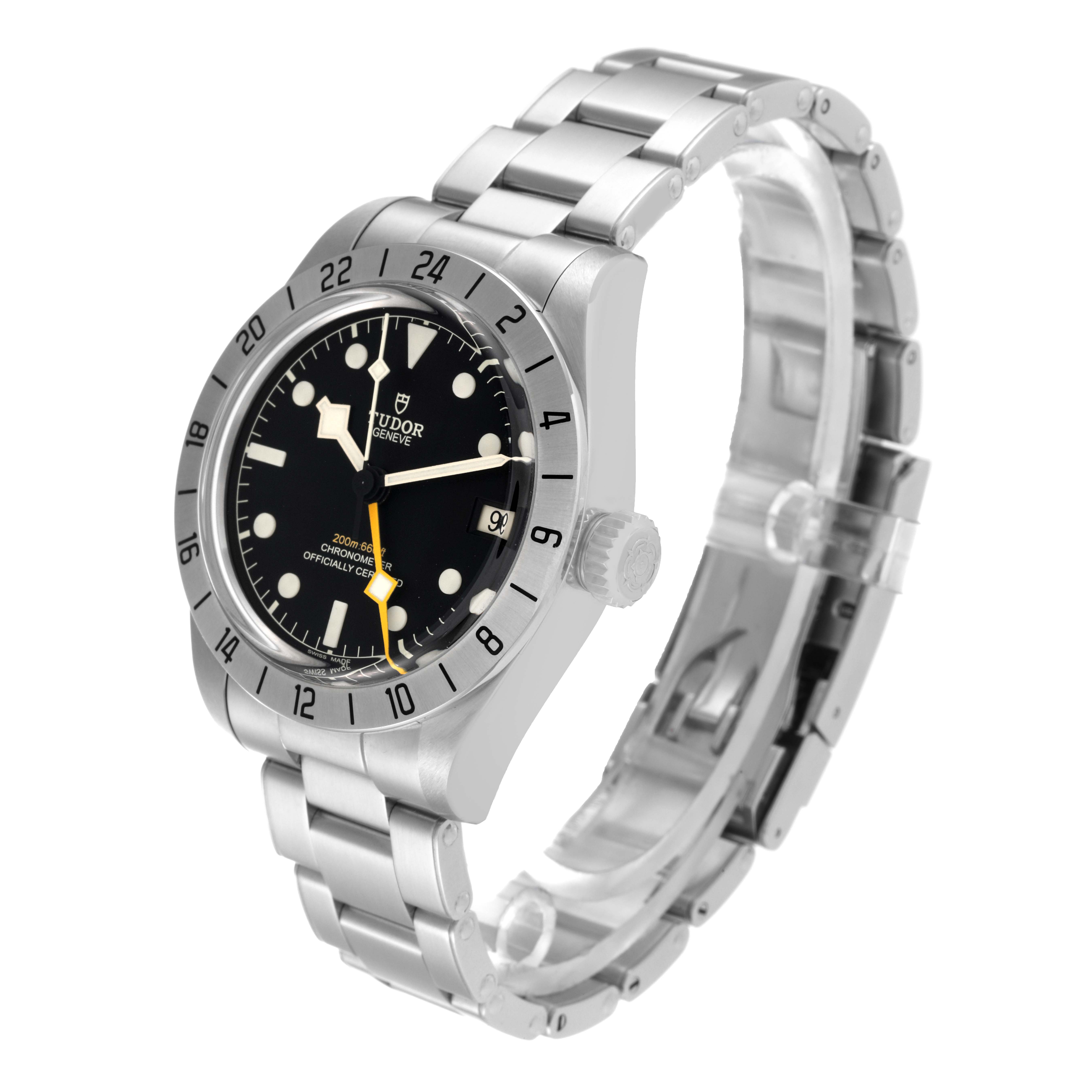 The image shows a side angle of the Tudor Heritage Black Bay M79470 Men
s Stainless Steel Black Dial M79470 Men
s Stainless Steel Black Dial watch, featuring its face, bezel, crown, and metal bracelet.