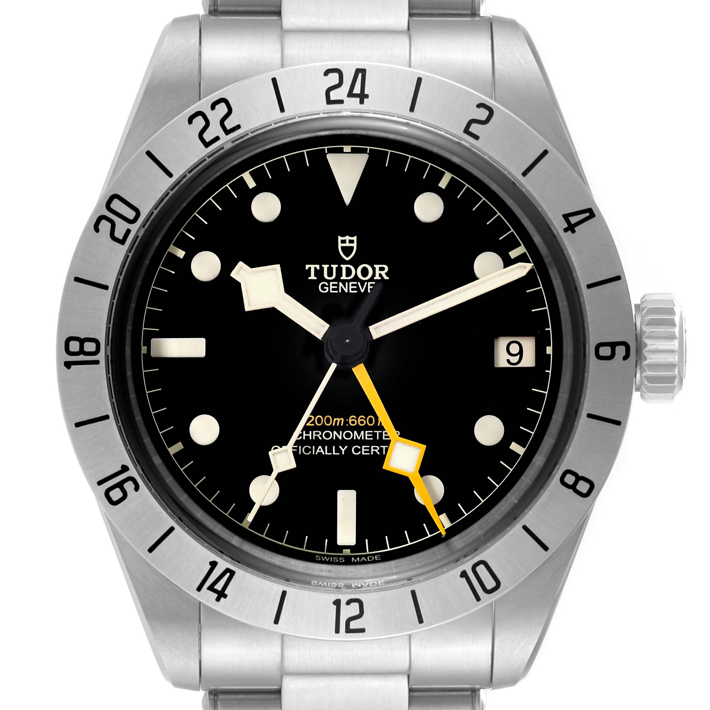 The image shows a front view of the Tudor Heritage Black Bay M79470 Men
s Stainless Steel Black Dial M79470 Men
s Stainless Steel Black Dial watch, focusing on its dial and bezel.