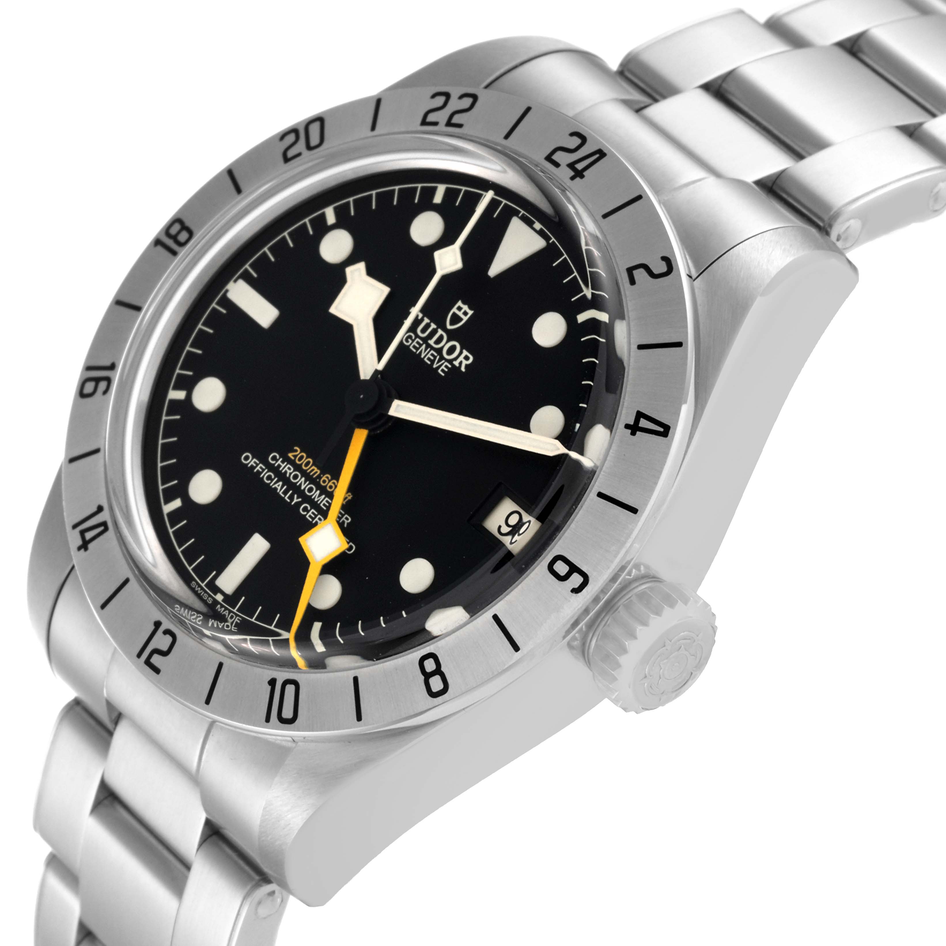 The Tudor Heritage Black Bay M79470 Men
s Stainless Steel Black Dial M79470 Men
s Stainless Steel Black Dial watch is shown at a slight side angle, highlighting the bezel, crown, and part of the bracelet.