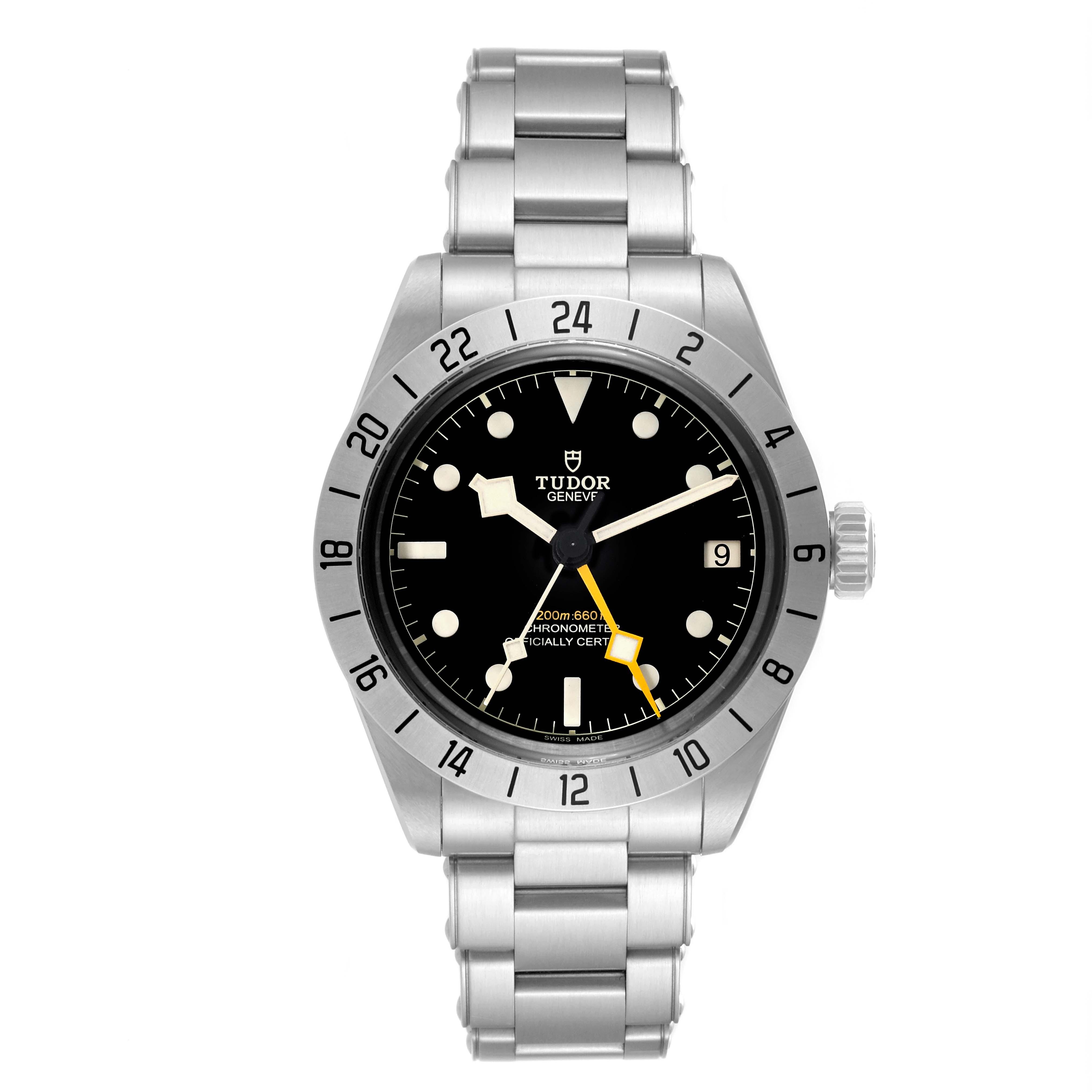 The image shows a front view of a Tudor Heritage Black Bay M79470 Men
s Stainless Steel Black Dial M79470 Men
s Stainless Steel Black Dial watch, displaying its face, bezel, and bracelet.