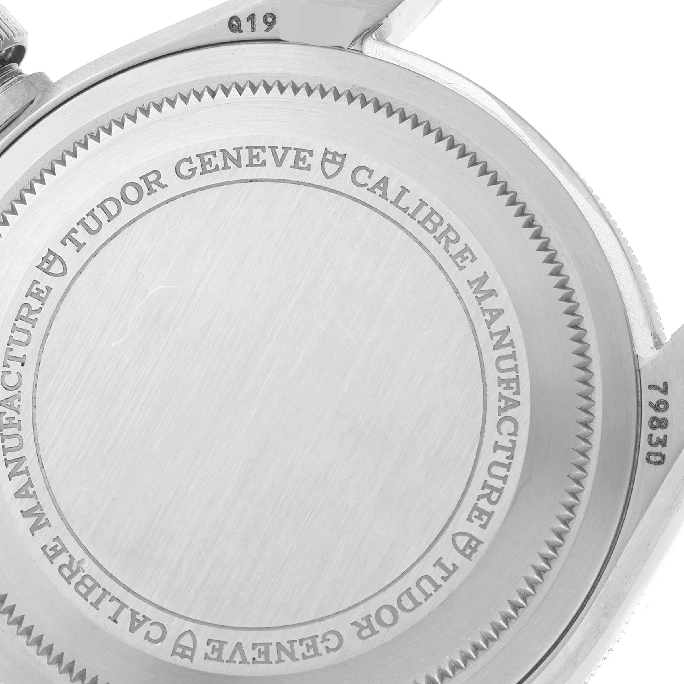 This is the back case of the Tudor Heritage Black Bay 79830RB Men
s Stainless Steel Black Dial 79830RB Men
s Stainless Steel Black Dial watch, showing the engraved details and model number.