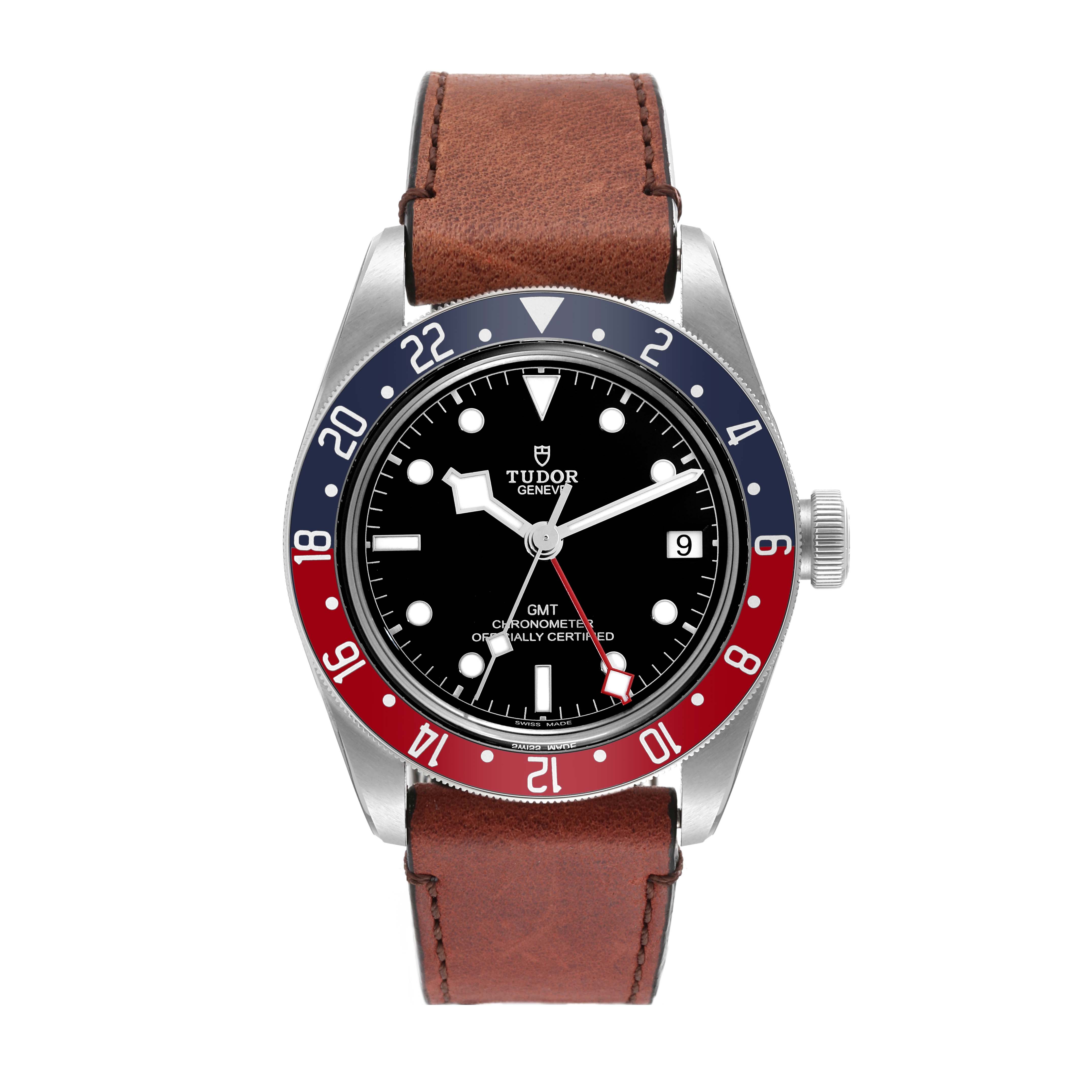 The image shows a front view of the Tudor Heritage Black Bay 79830RB Men
s Stainless Steel Black Dial 79830RB Men
s Stainless Steel Black Dial watch, featuring its dial, bezel, and leather strap.