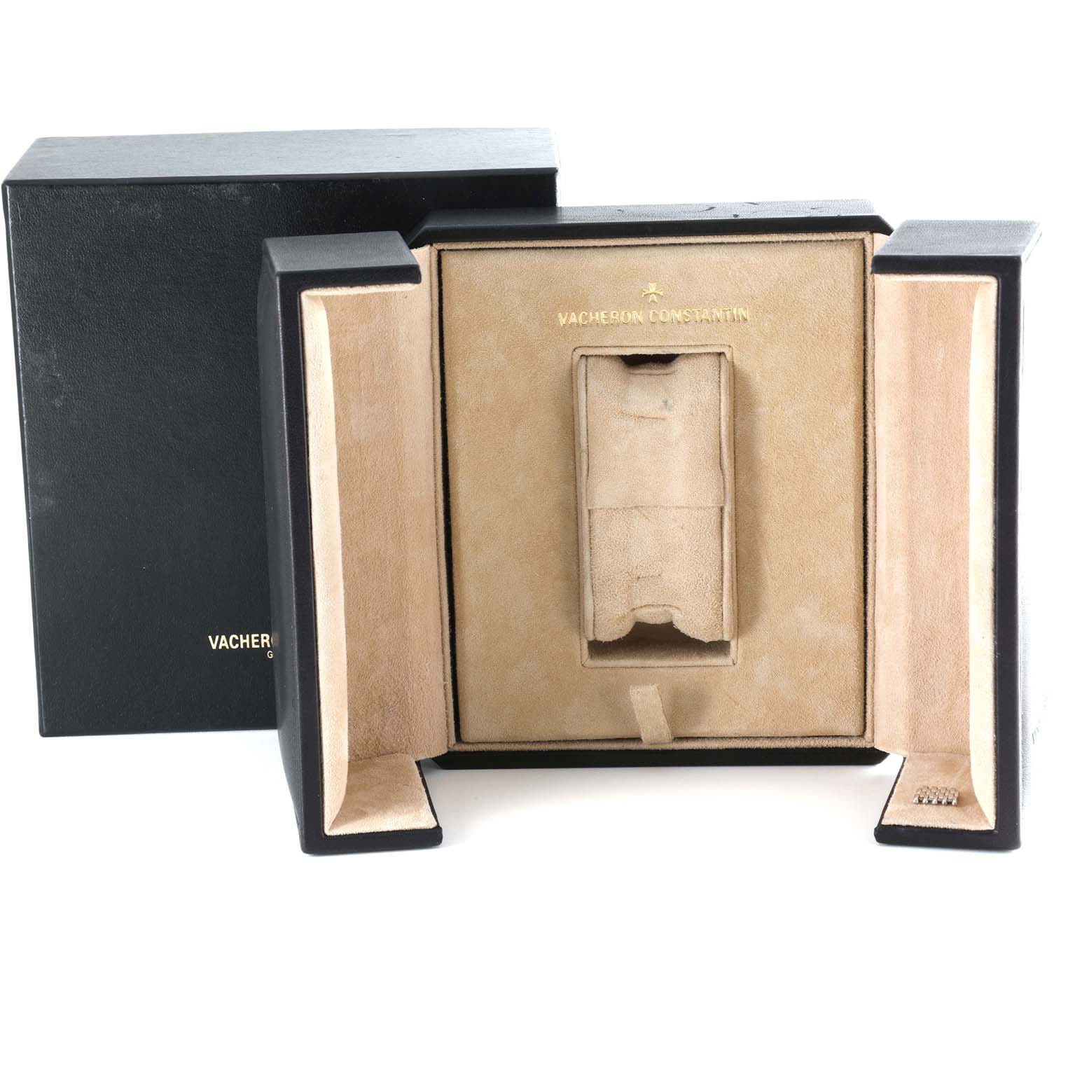 The image shows the opened presentation box for a Traditionnelle model by Vacheron Constantin from a front angle.