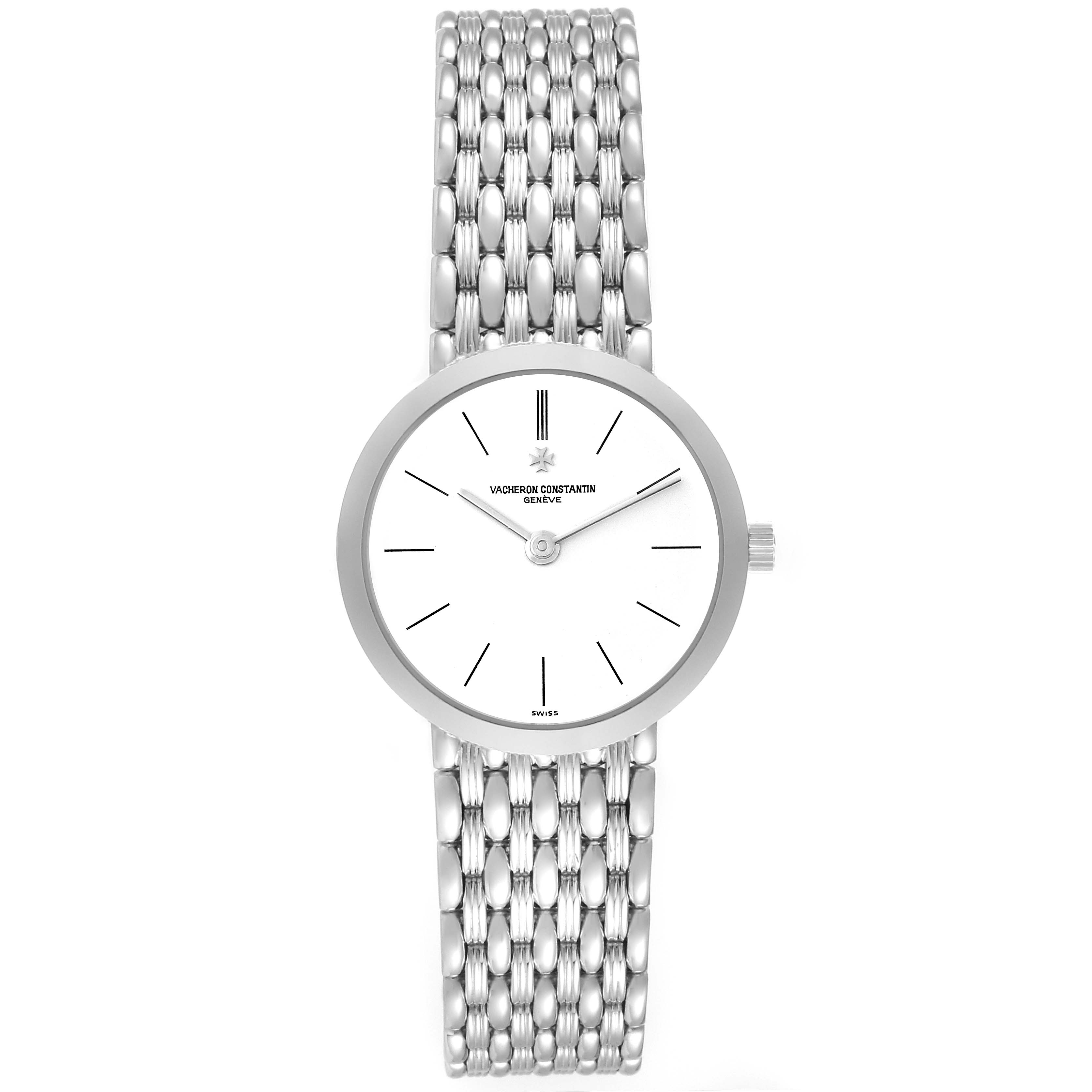 This image shows a front view of the Vacheron Constantin Traditionnelle 27093 Women
s White Gold White Dial 27093 Women
s White Gold White Dial model watch, highlighting the dial, case, and bracelet.