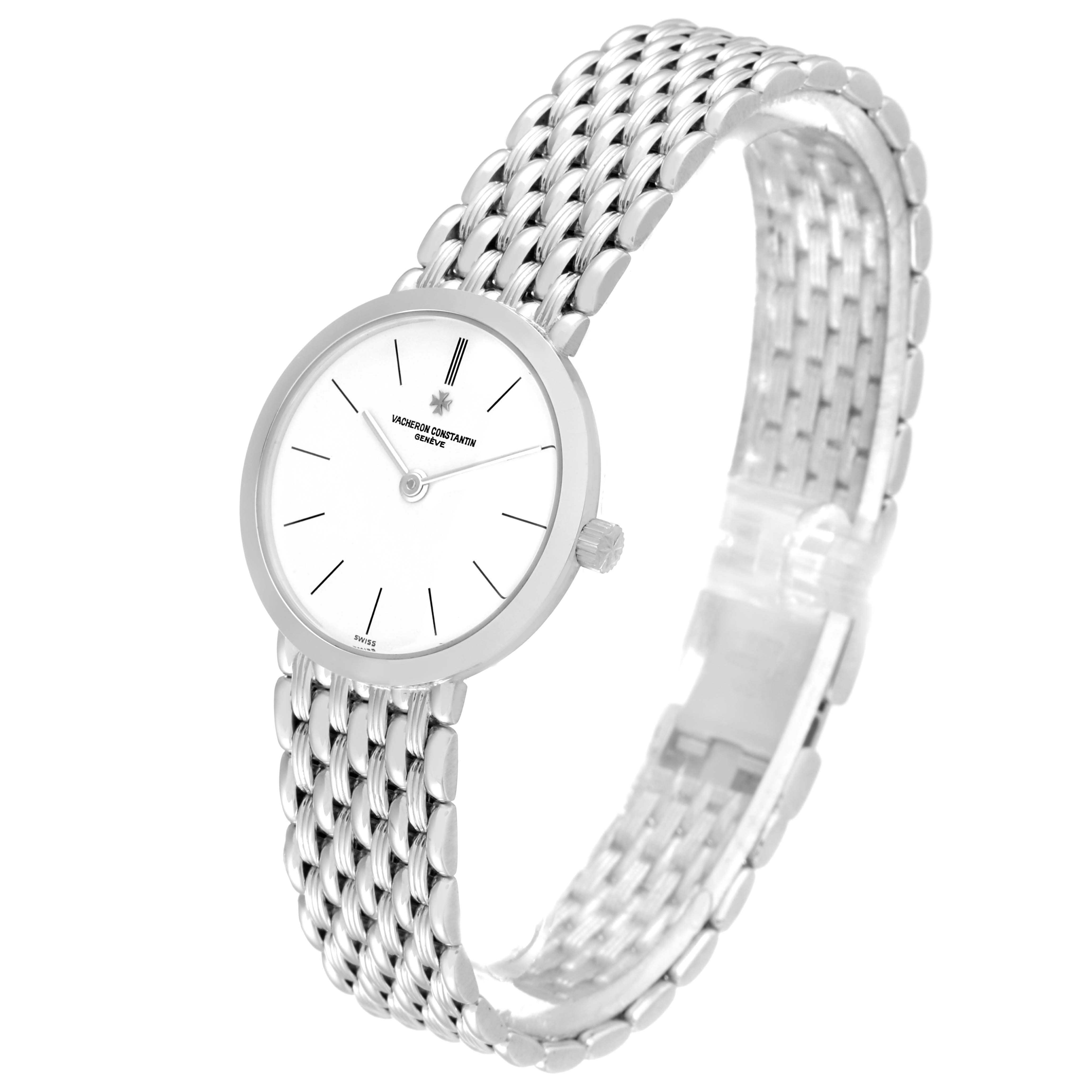The image shows the Vacheron Constantin Traditionnelle 27093 Women
s White Gold White Dial 27093 Women
s White Gold White Dial watch from an angled side view, highlighting its dial, crown, and metal bracelet.