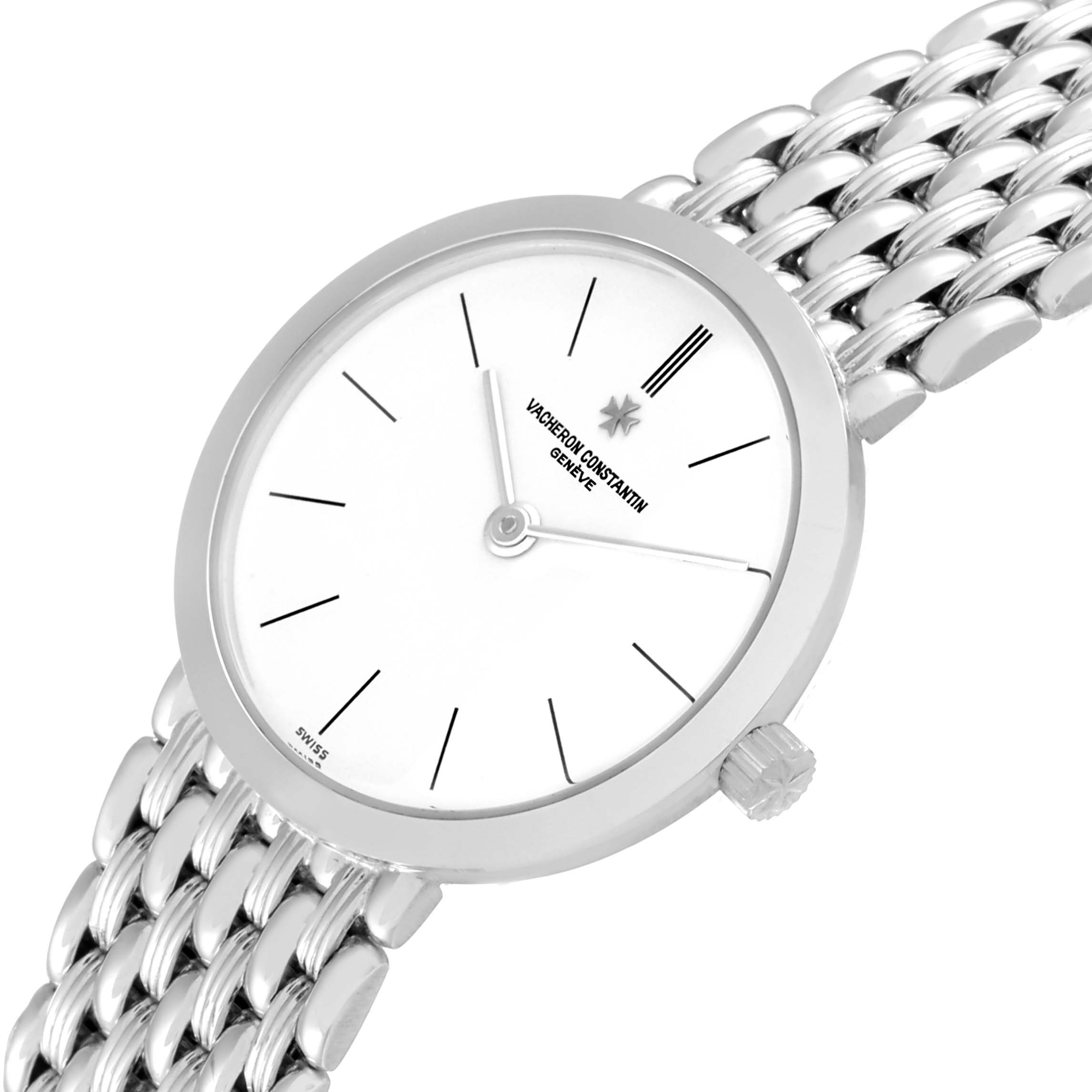 The Vacheron Constantin Traditionnelle 27093 Women
s White Gold White Dial 27093 Women
s White Gold White Dial watch is shown at an angled view, highlighting its dial, bezel, crown, and bracelet.