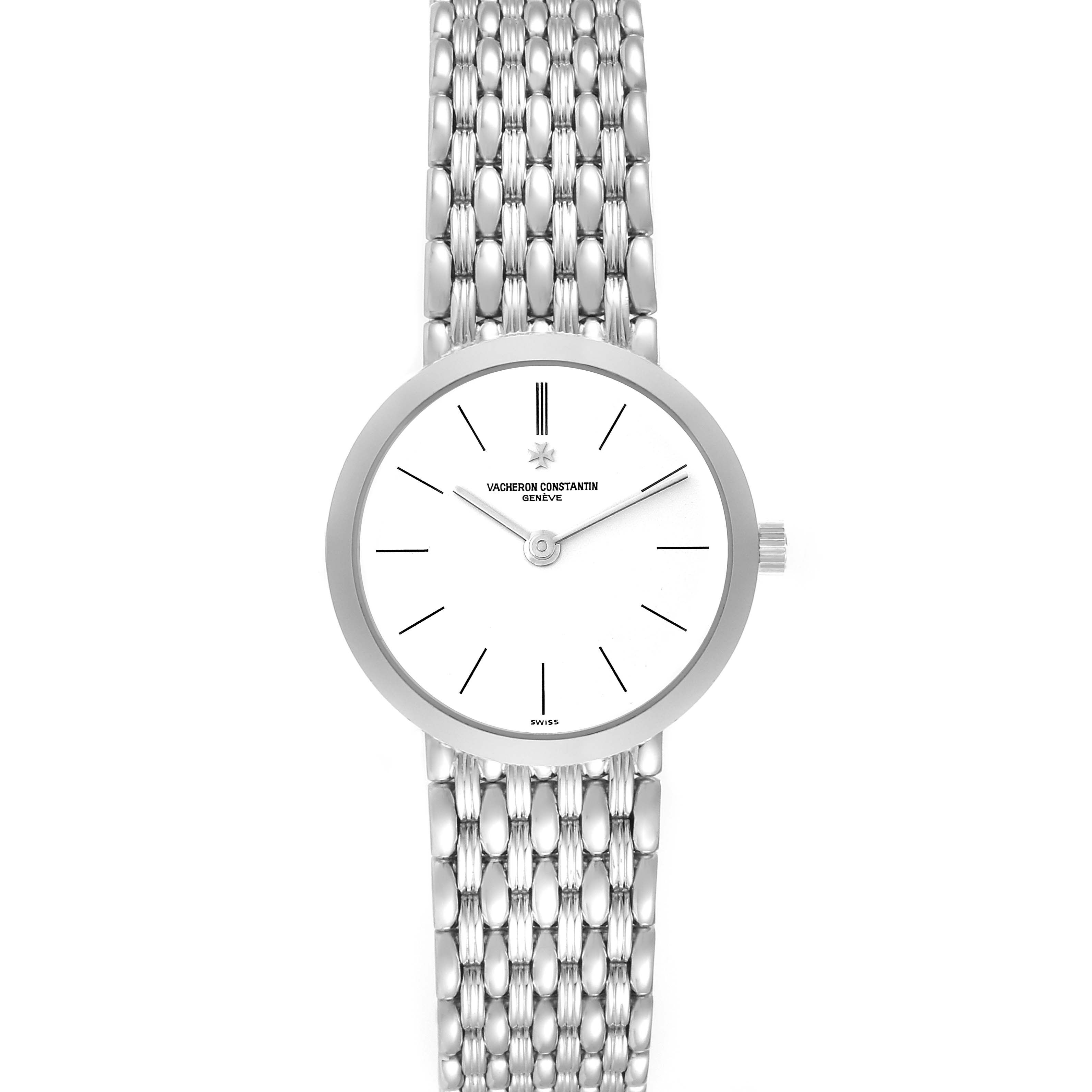 The image shows a front view of the Vacheron Constantin Traditionnelle 27093 Women
s White Gold White Dial 27093 Women
s White Gold White Dial watch, highlighting the dial and metallic bracelet.