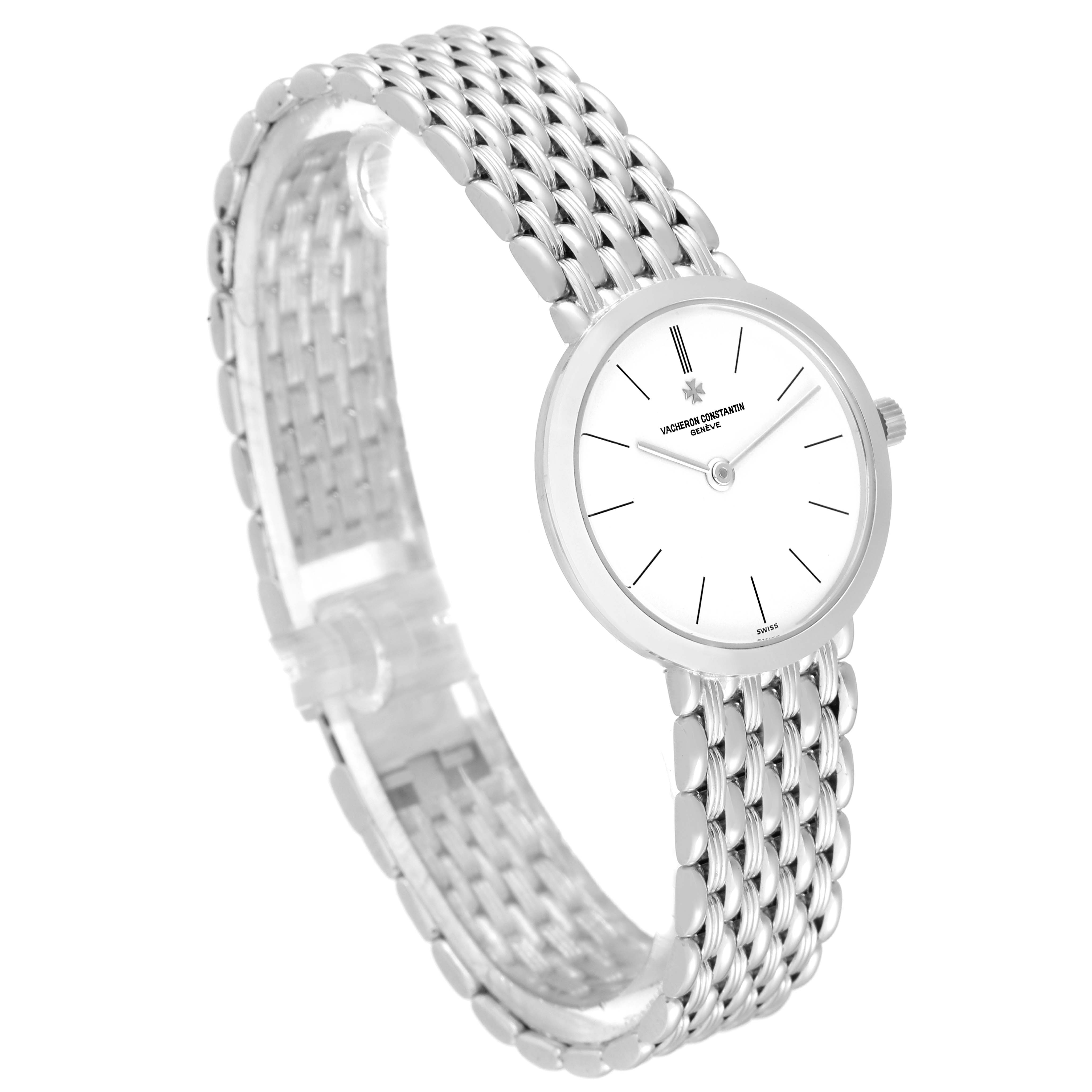 The image shows a Vacheron Constantin Traditionnelle 27093 Women
s White Gold White Dial 27093 Women
s White Gold White Dial model watch from a front and side angle, highlighting the dial and metal bracelet.