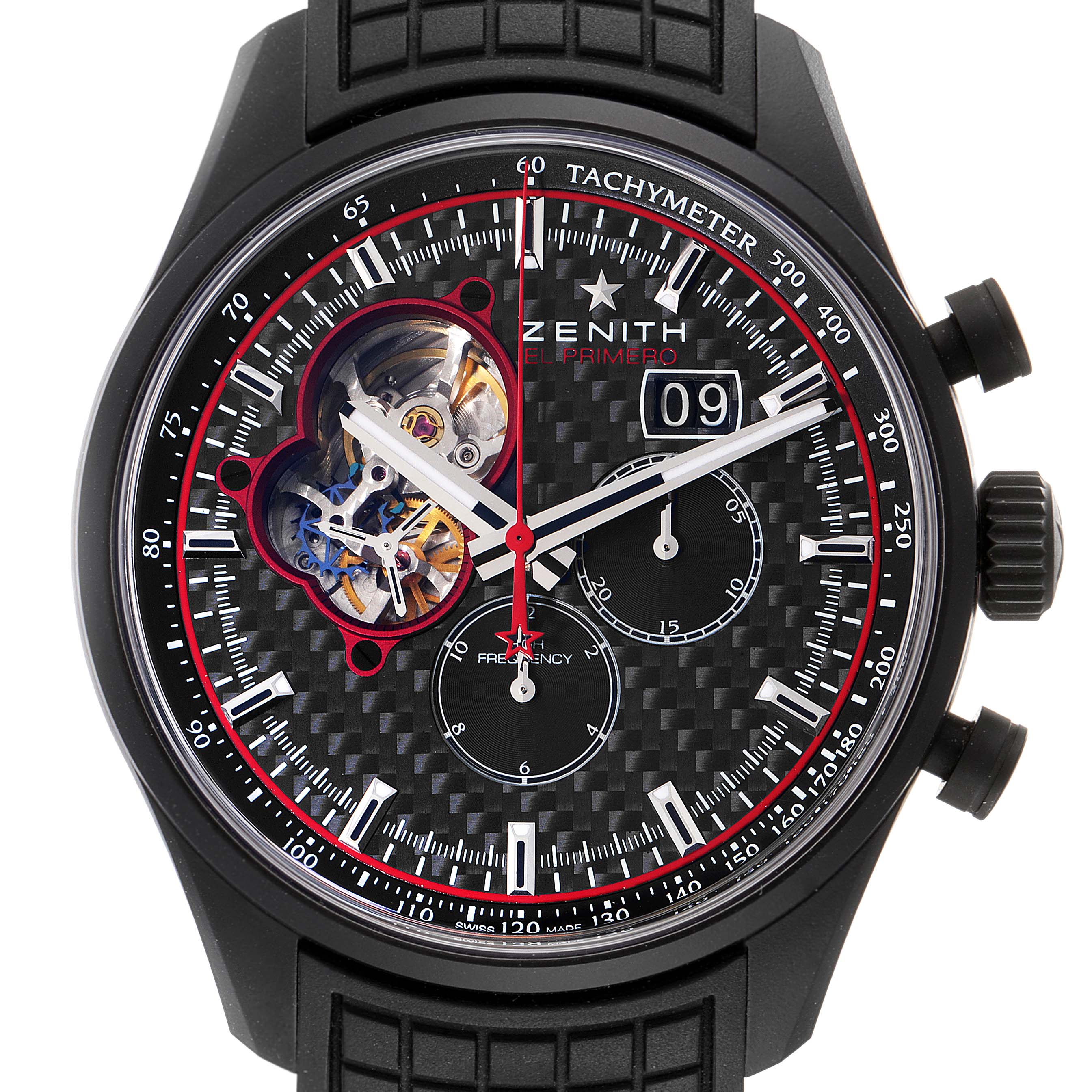 This image shows a close-up of the Zenith Chronomaster 24.2160.4063/28.R515 Men's Ceramic Black Dial 24.2160.4063/28.R515 Men's Ceramic Black Dial watch face, displaying its dials, hands, and visible movement.