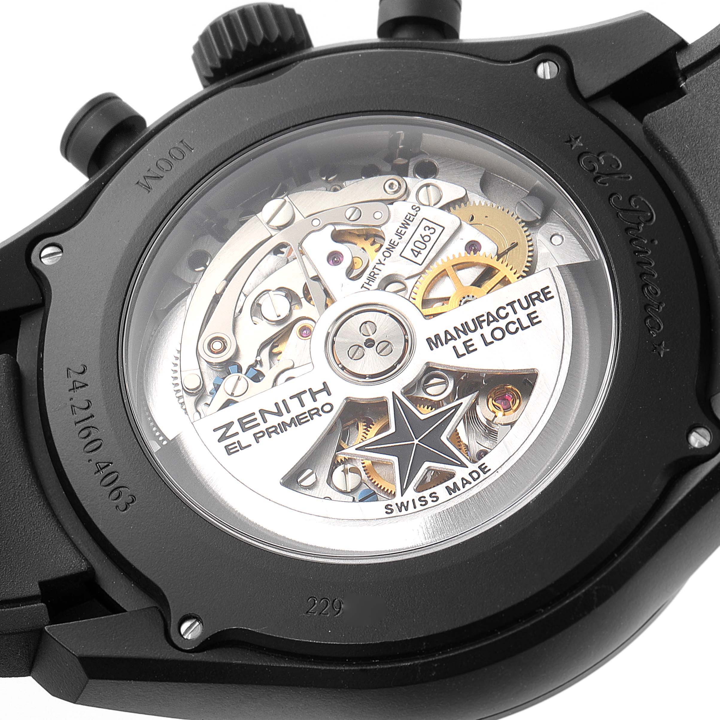 The image shows the back view of a Zenith Chronomaster 24.2160.4063/28.R515 Men's Ceramic Black Dial 24.2160.4063/28.R515 Men's Ceramic Black Dial watch, highlighting its intricate internal mechanics and branding.