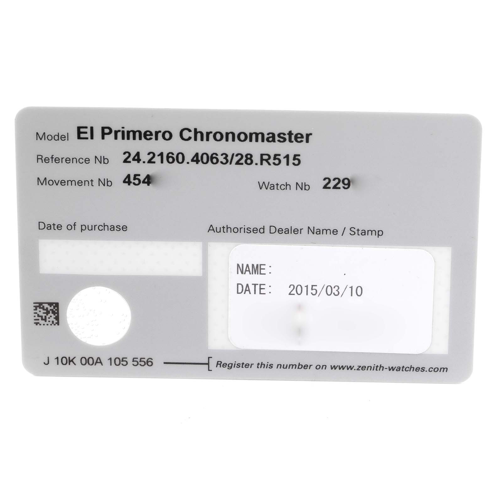 This image shows a warranty card for the Zenith Chronomaster 24.2160.4063/28.R515 Men's Ceramic Black Dial 24.2160.4063/28.R515 Men's Ceramic Black Dial watch model.