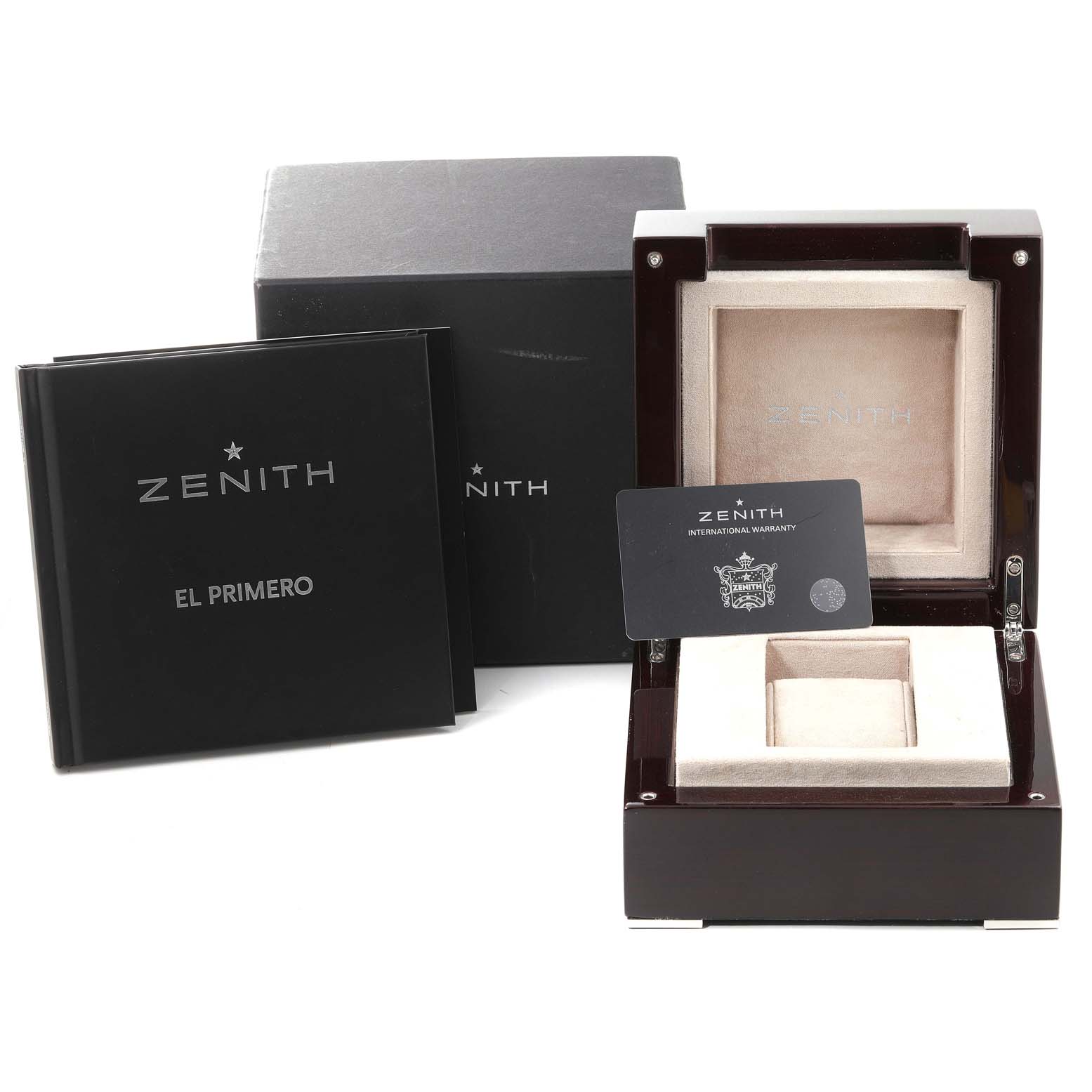 The image shows the packaging and accessories for the Zenith Chronomaster 24.2160.4063/28.R515 Men's Ceramic Black Dial 24.2160.4063/28.R515 Men's Ceramic Black Dial, including the display box, outer box, manual, and warranty card.