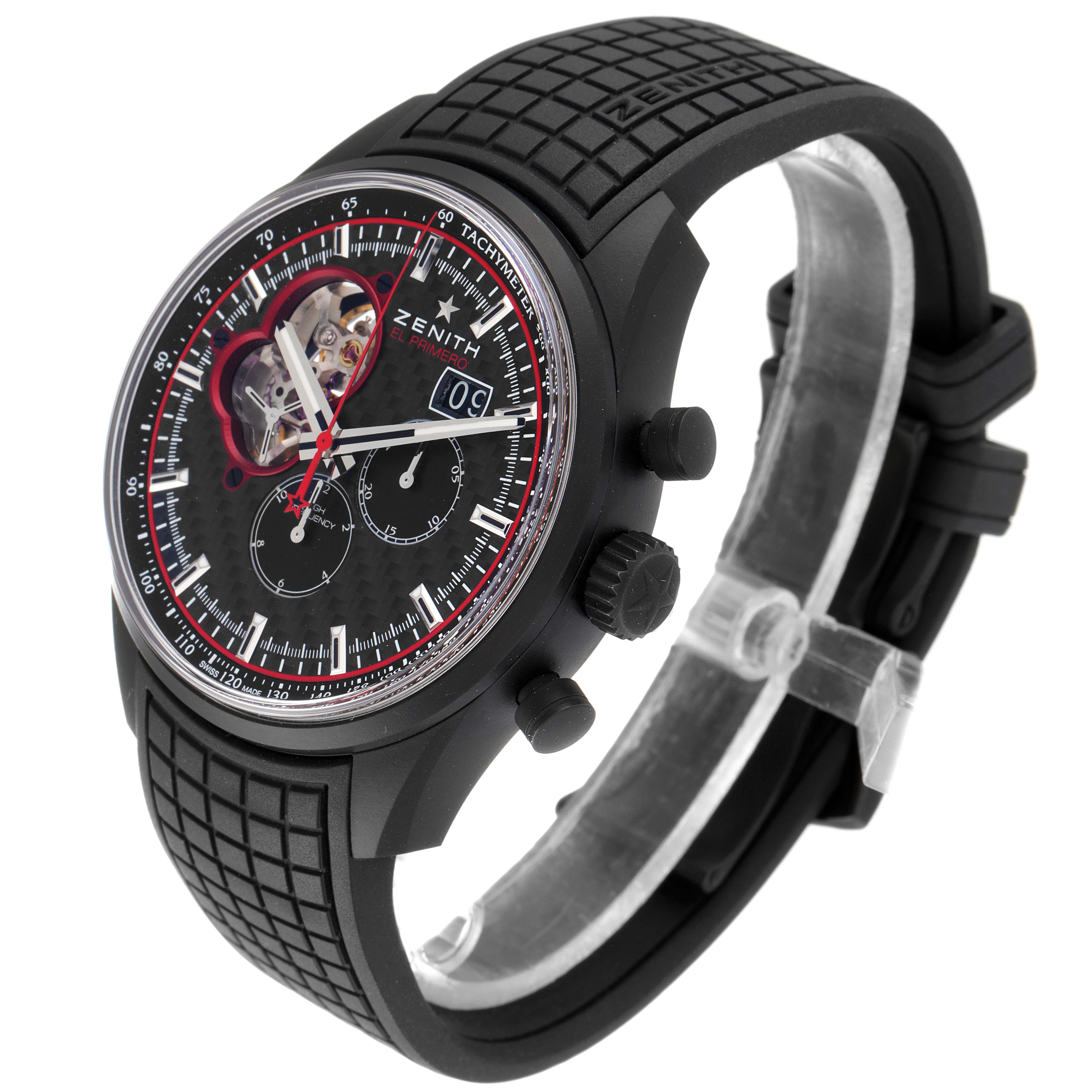 This Zenith Chronomaster 24.2160.4063/28.R515 Men's Ceramic Black Dial 24.2160.4063/28.R515 Men's Ceramic Black Dial watch is shown from a three-quarter angle, highlighting the dial, bezel, crown, and strap.