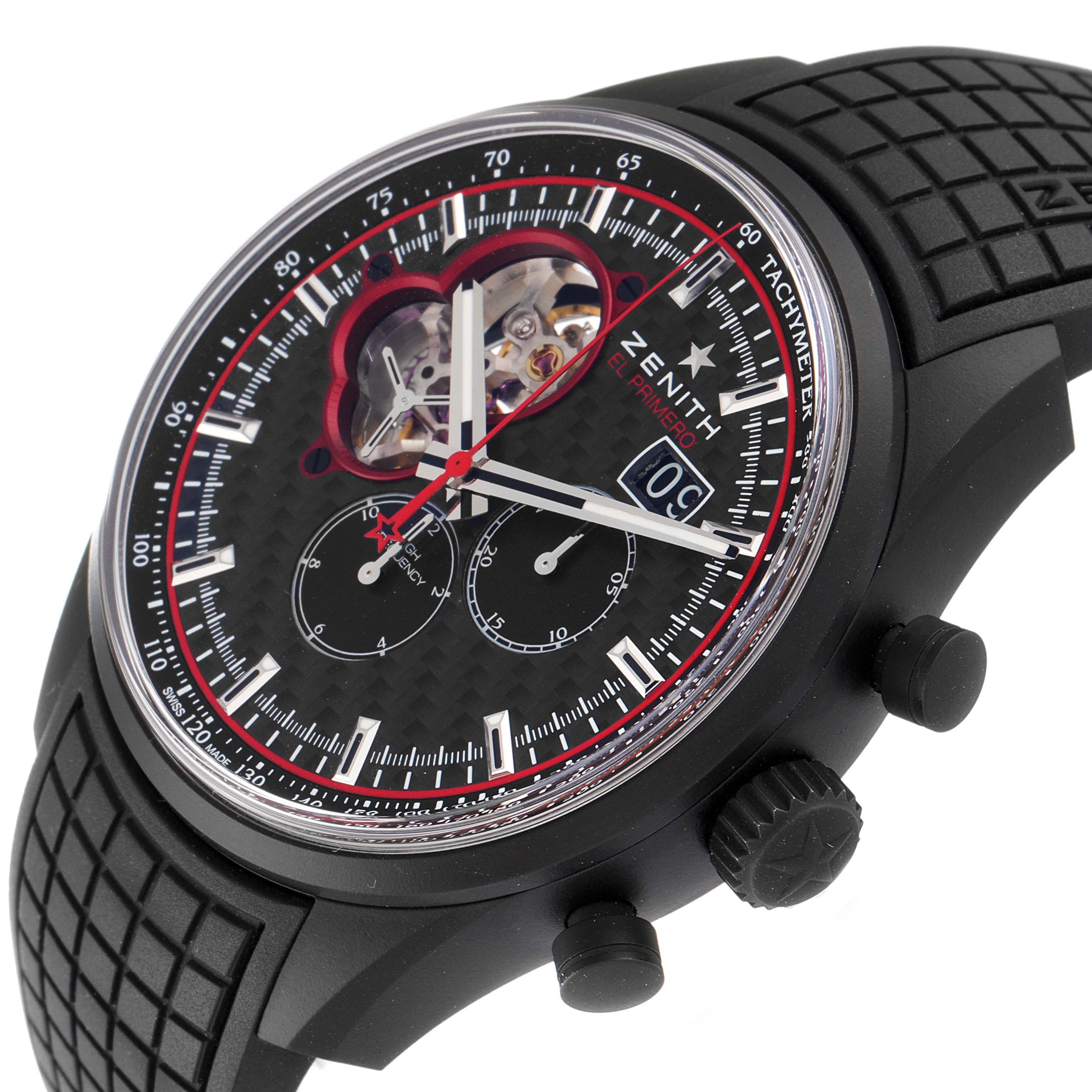 The Zenith Chronomaster 24.2160.4063/28.R515 Men's Ceramic Black Dial 24.2160.4063/28.R515 Men's Ceramic Black Dial watch is shown at an angled view, emphasizing the dial, subdials, crown, and part of the strap.