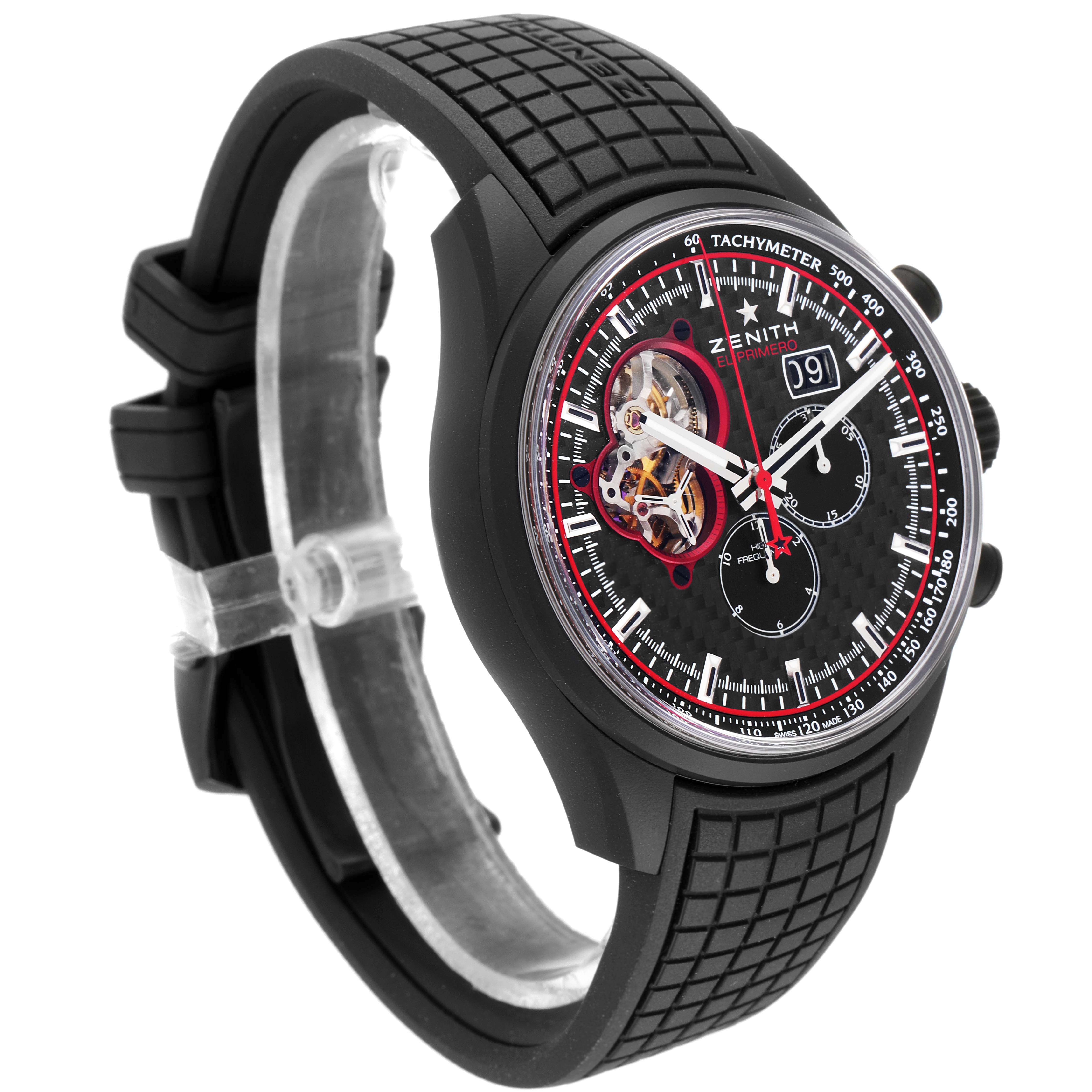 This Zenith Chronomaster 24.2160.4063/28.R515 Men's Ceramic Black Dial 24.2160.4063/28.R515 Men's Ceramic Black Dial watch is shown at a slight angle, highlighting its dial, case, and black rubber strap.