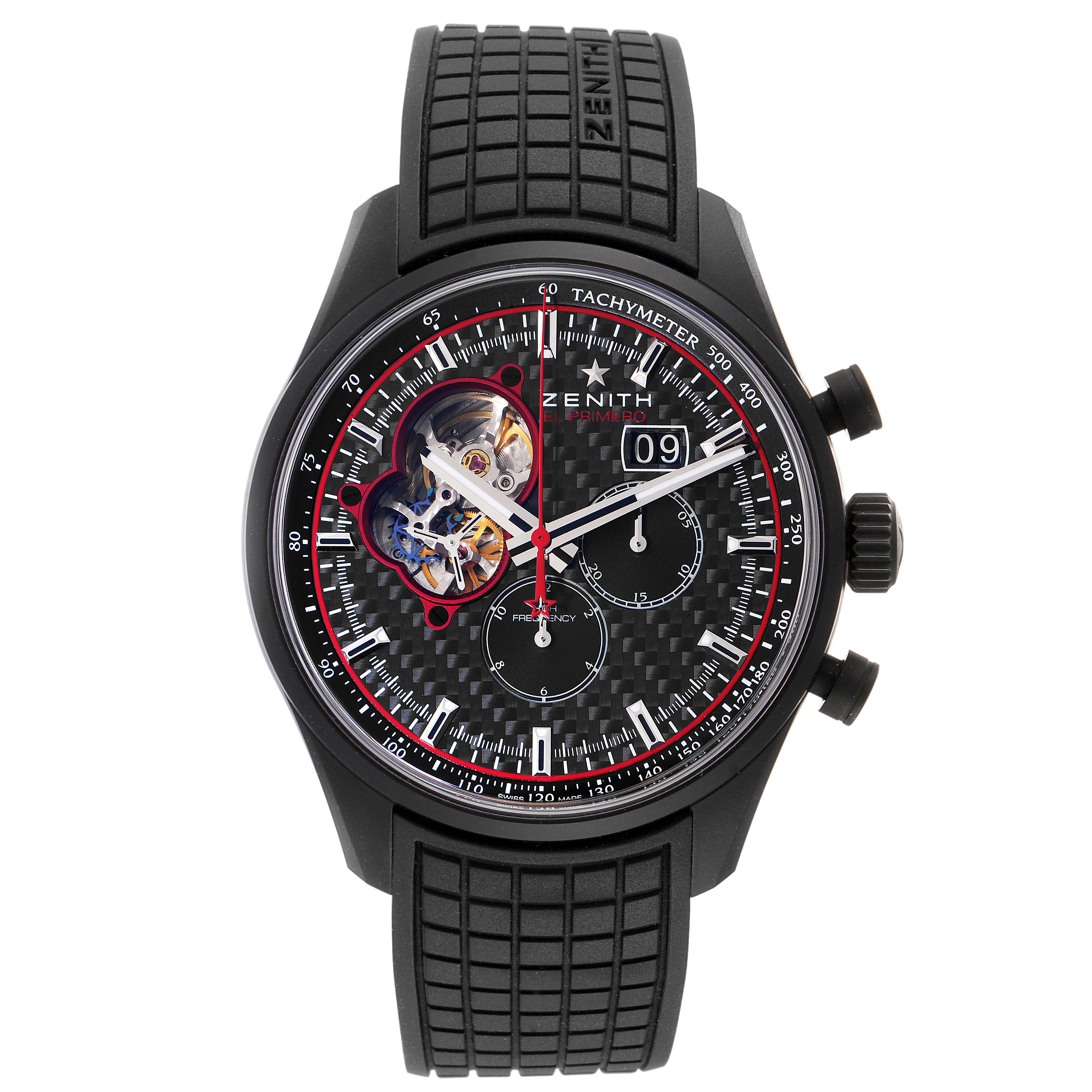 The image shows a Zenith Chronomaster 24.2160.4063/28.R515 Men's Ceramic Black Dial 24.2160.4063/28.R515 Men's Ceramic Black Dial watch from a front angle, highlighting its open-heart display, chronograph dials, date, and tachymeter scale.