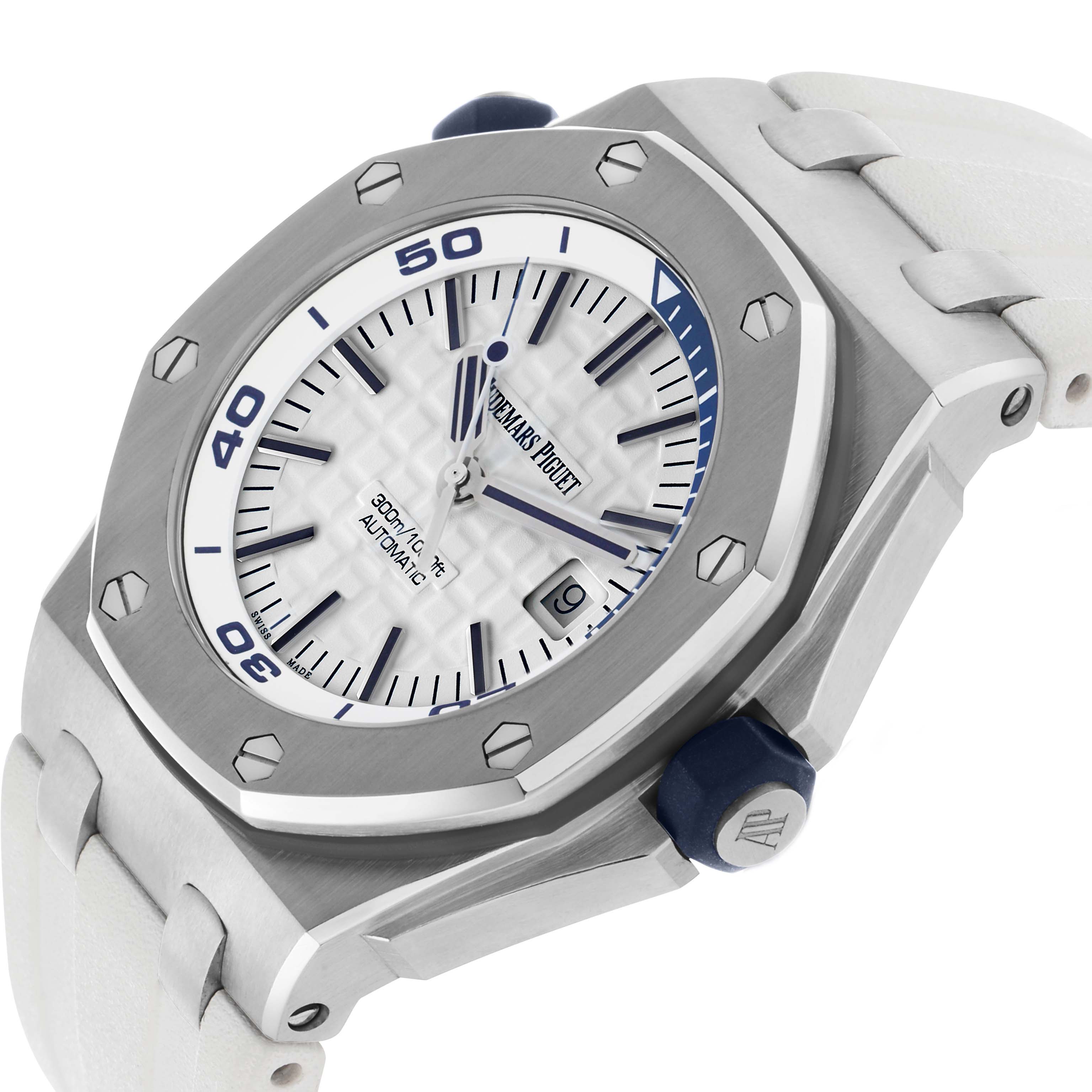 The Audemars Piguet Royal Oak Offshore 15710ST.00.A002CA.02 Men's Stainless Steel White Dial watch is shown at a three-quarter angle, highlighting the face, bezel, and part of the strap.