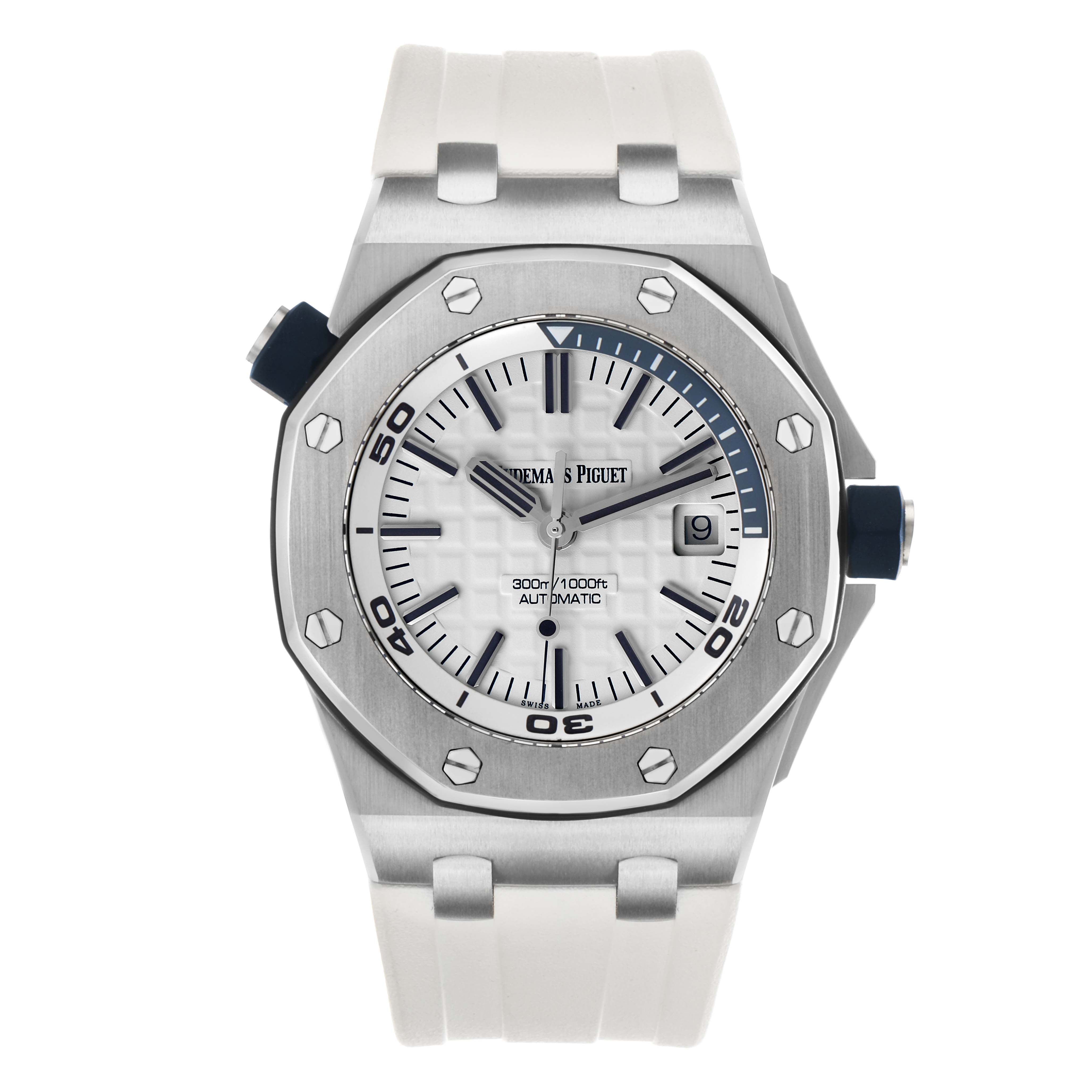 The Audemars Piguet Royal Oak Offshore 15710ST.00.A002CA.02 Men's Stainless Steel White Dial watch is shown from a front angle, displaying its face, bezel, and strap.