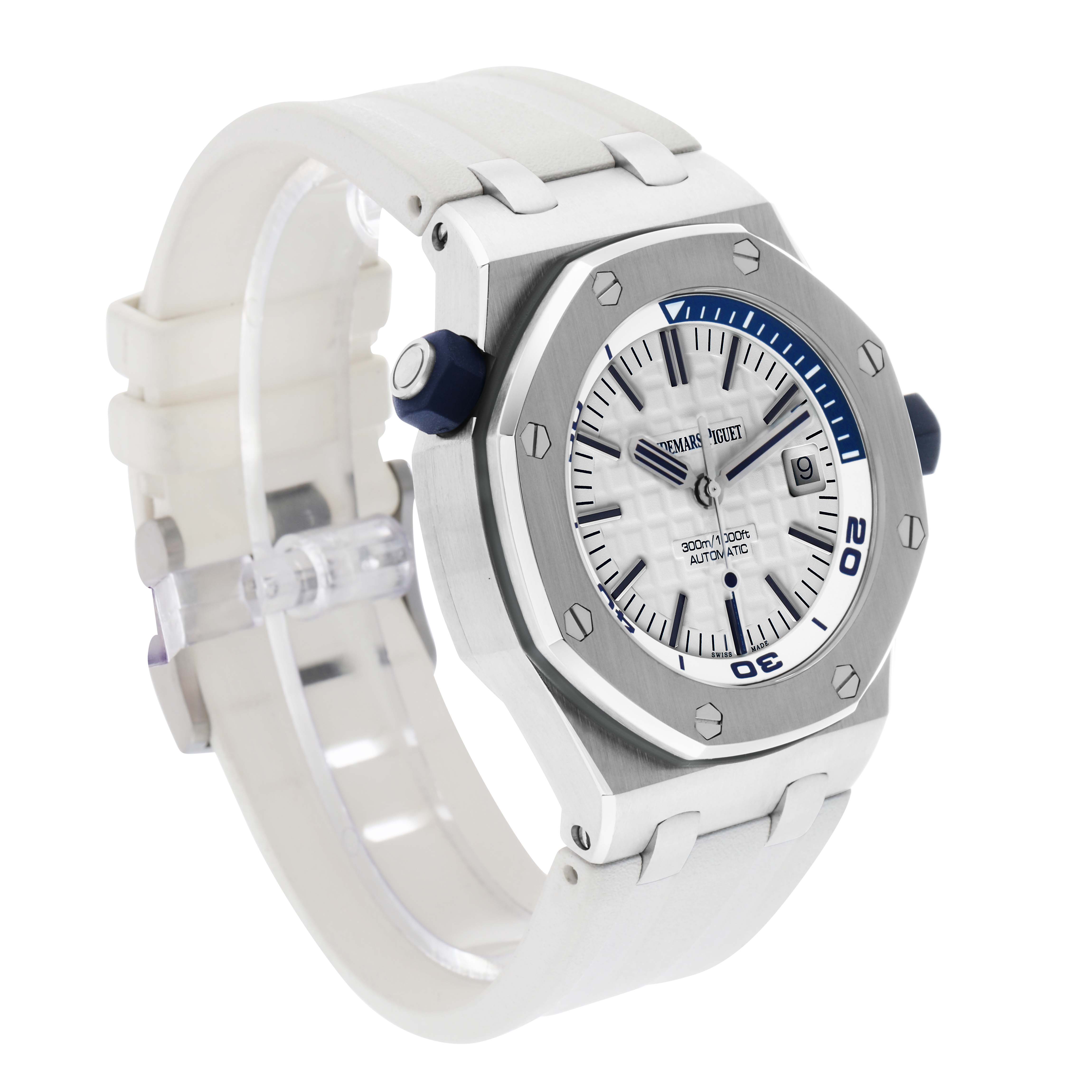 The Audemars Piguet Royal Oak Offshore 15710ST.00.A002CA.02 Men's Stainless Steel White Dial is shown at an angle revealing the face, bezel, crown, and part of the strap.