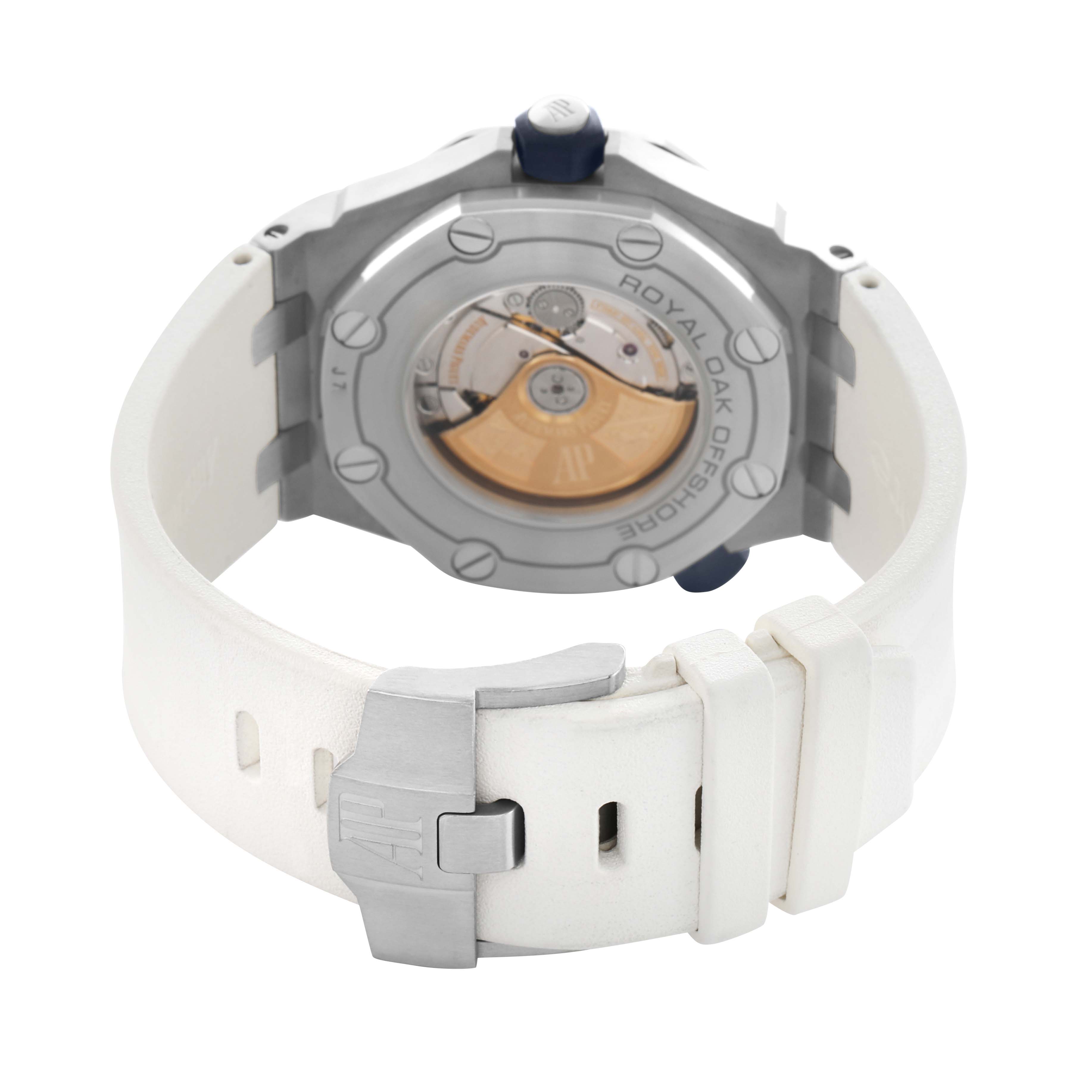 The Audemars Piguet Royal Oak Offshore 15710ST.00.A002CA.02 Men's Stainless Steel White Dial watch is shown from the back, displaying its transparent case back, rotor, and clasp.
