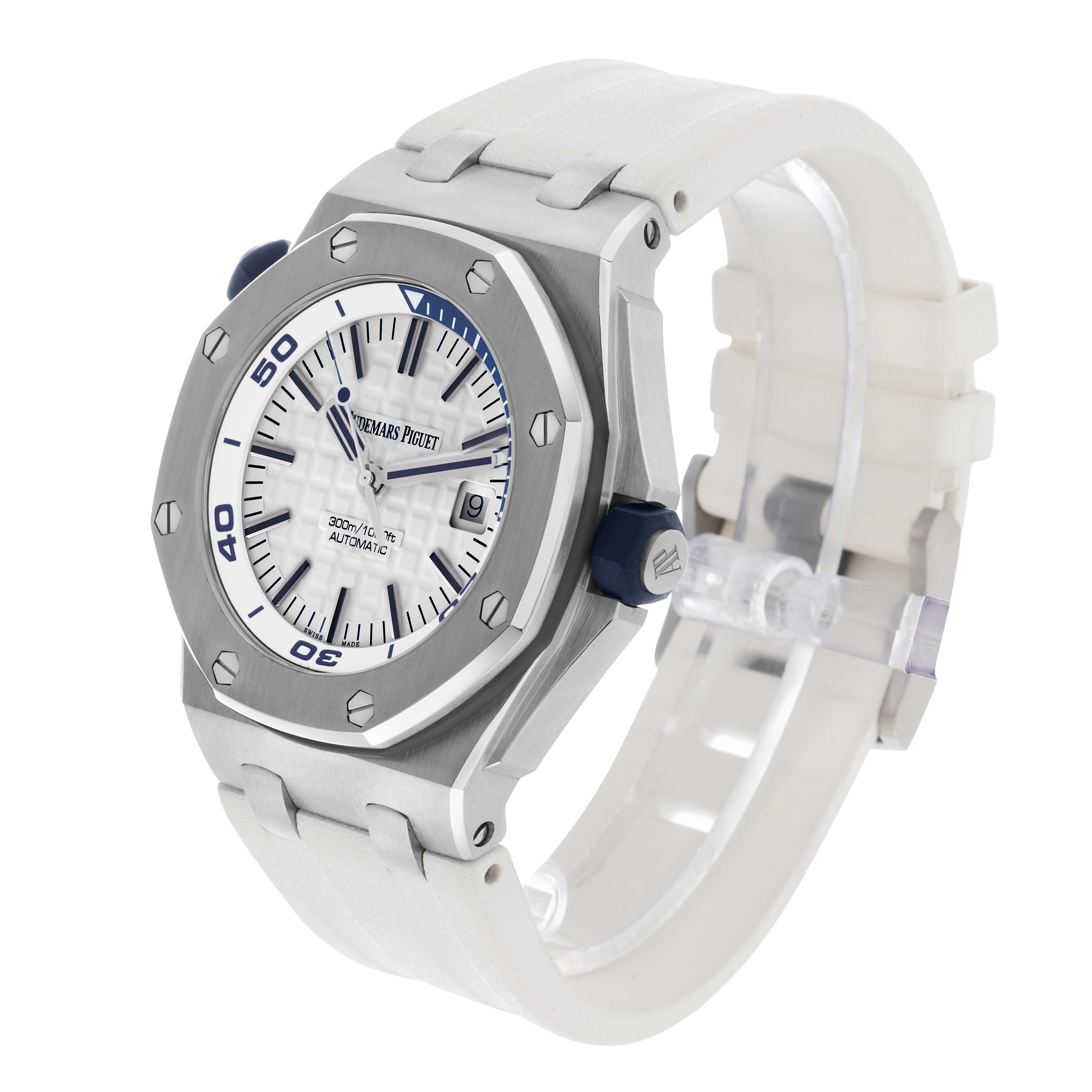 The Audemars Piguet Royal Oak Offshore 15710ST.00.A002CA.02 Men's Stainless Steel White Dial watch is shown from a three-quarter angle highlighting the dial, bezel, and strap.