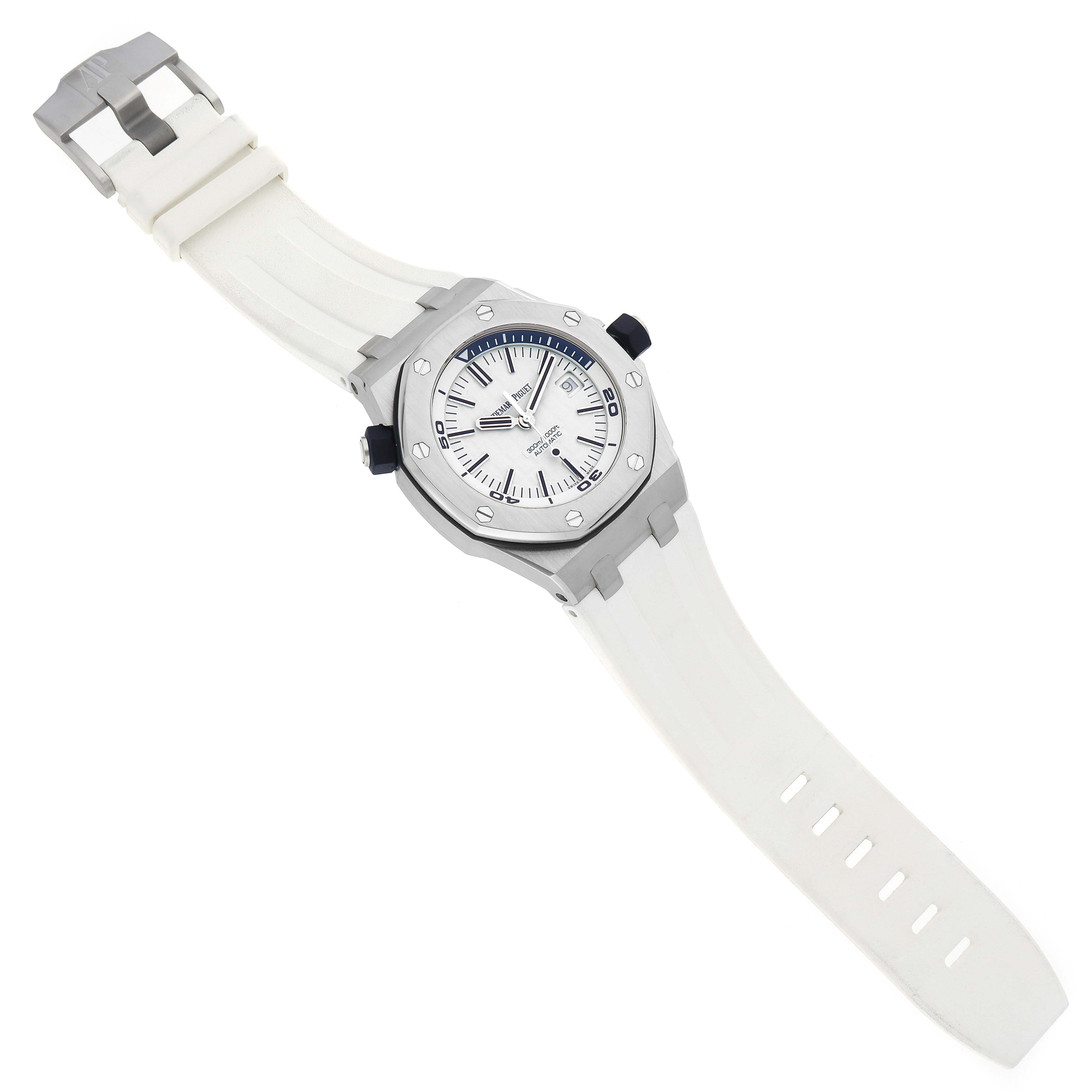 The Audemars Piguet Royal Oak Offshore 15710ST.00.A002CA.02 Men's Stainless Steel White Dial watch is shown at an angled top view, highlighting the face, bezel, and white strap.