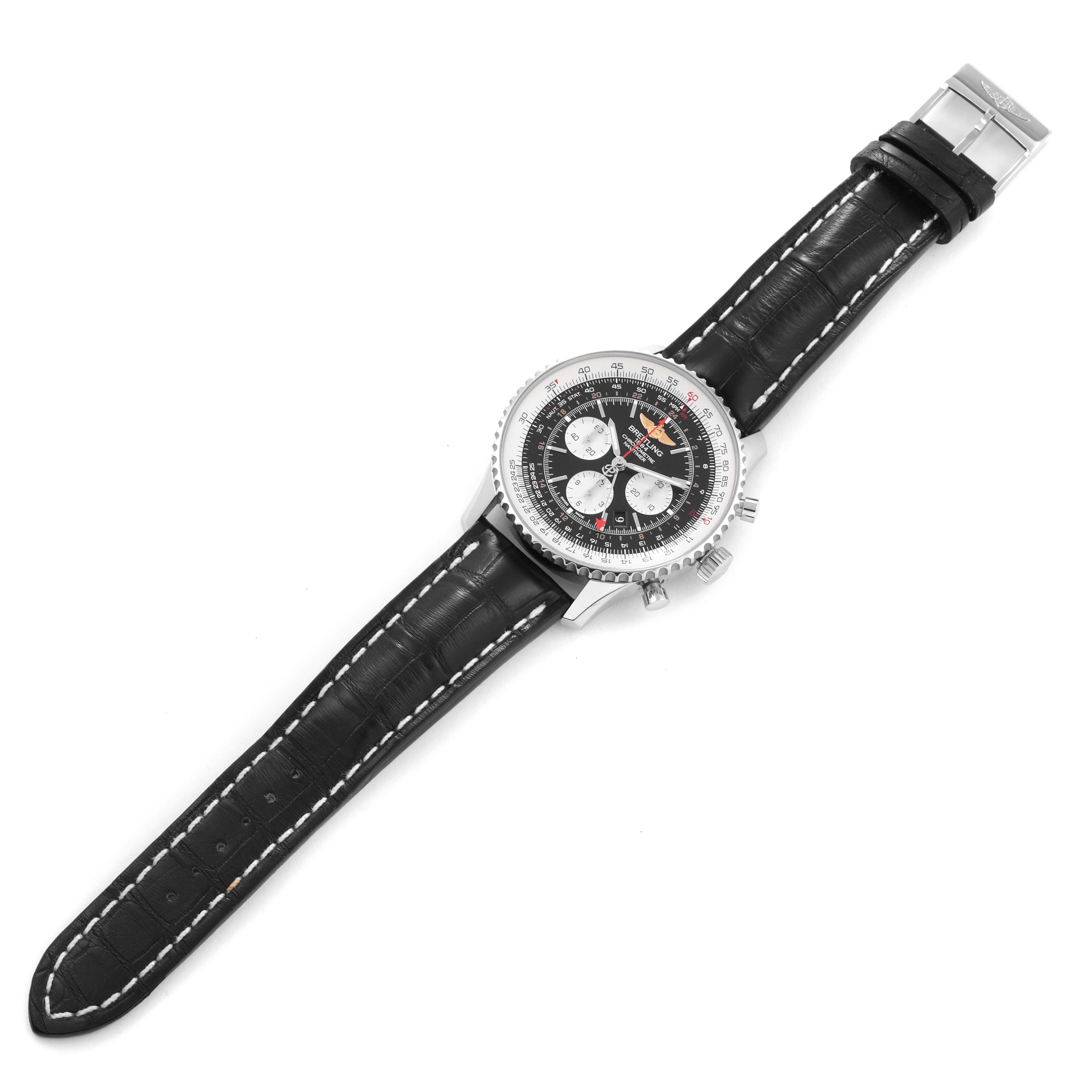 The Breitling Navitimer AB044121/BD24 Men
s Stainless Steel Black Dial AB044121/BD24 Men
s Stainless Steel Black Dial watch is shown from a top-down angle, displaying the full strap, dial, bezel, and pushers.