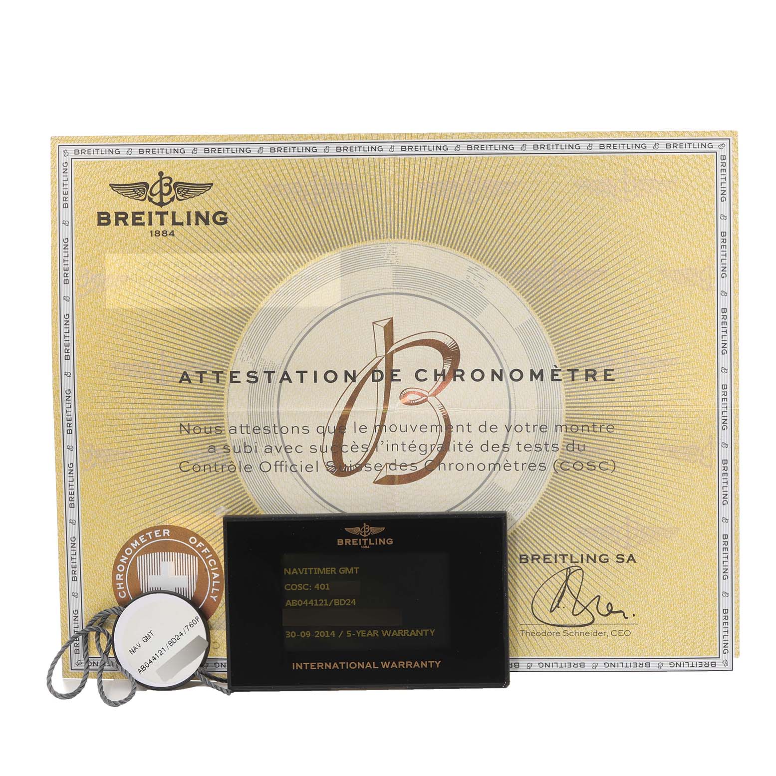 The image shows a Breitling Navitimer AB044121/BD24 Men
s Stainless Steel Black Dial AB044121/BD24 Men
s Stainless Steel Black Dial model
s warranty card, chronometer certificate, and a service tag.