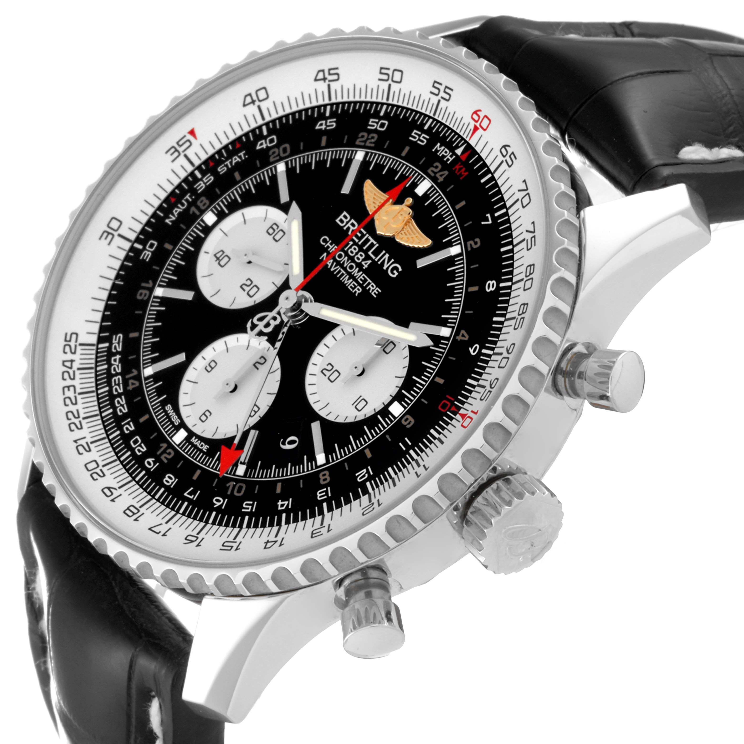 The image shows a side angle of the Breitling Navitimer AB044121/BD24 Men
s Stainless Steel Black Dial AB044121/BD24 Men
s Stainless Steel Black Dial watch, highlighting its face, bezel, pushers, and leather strap.