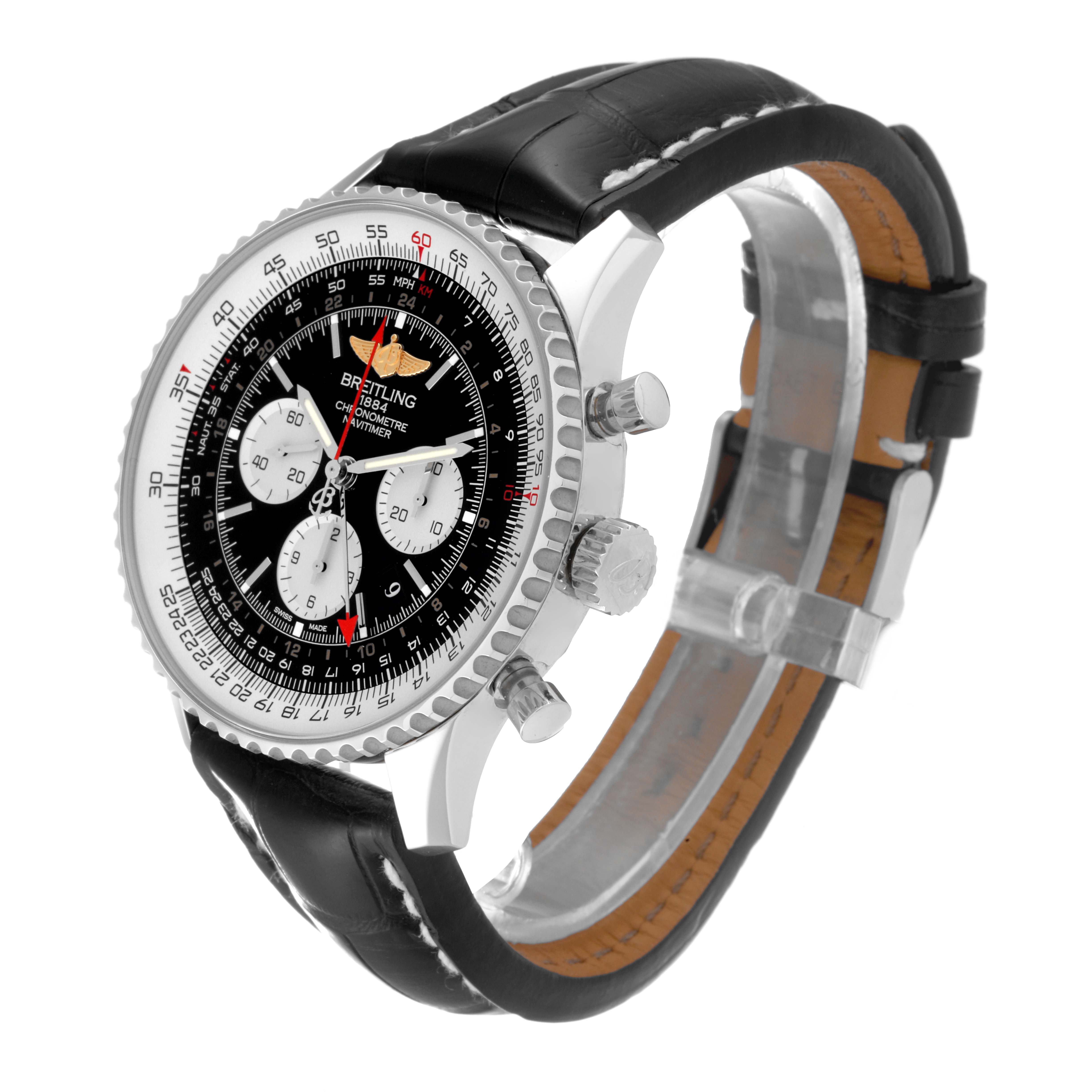 The Breitling Navitimer AB044121/BD24 Men
s Stainless Steel Black Dial AB044121/BD24 Men
s Stainless Steel Black Dial watch is shown at a slight angle, displaying its face, three subdials, crown, pushers, and black leather strap.