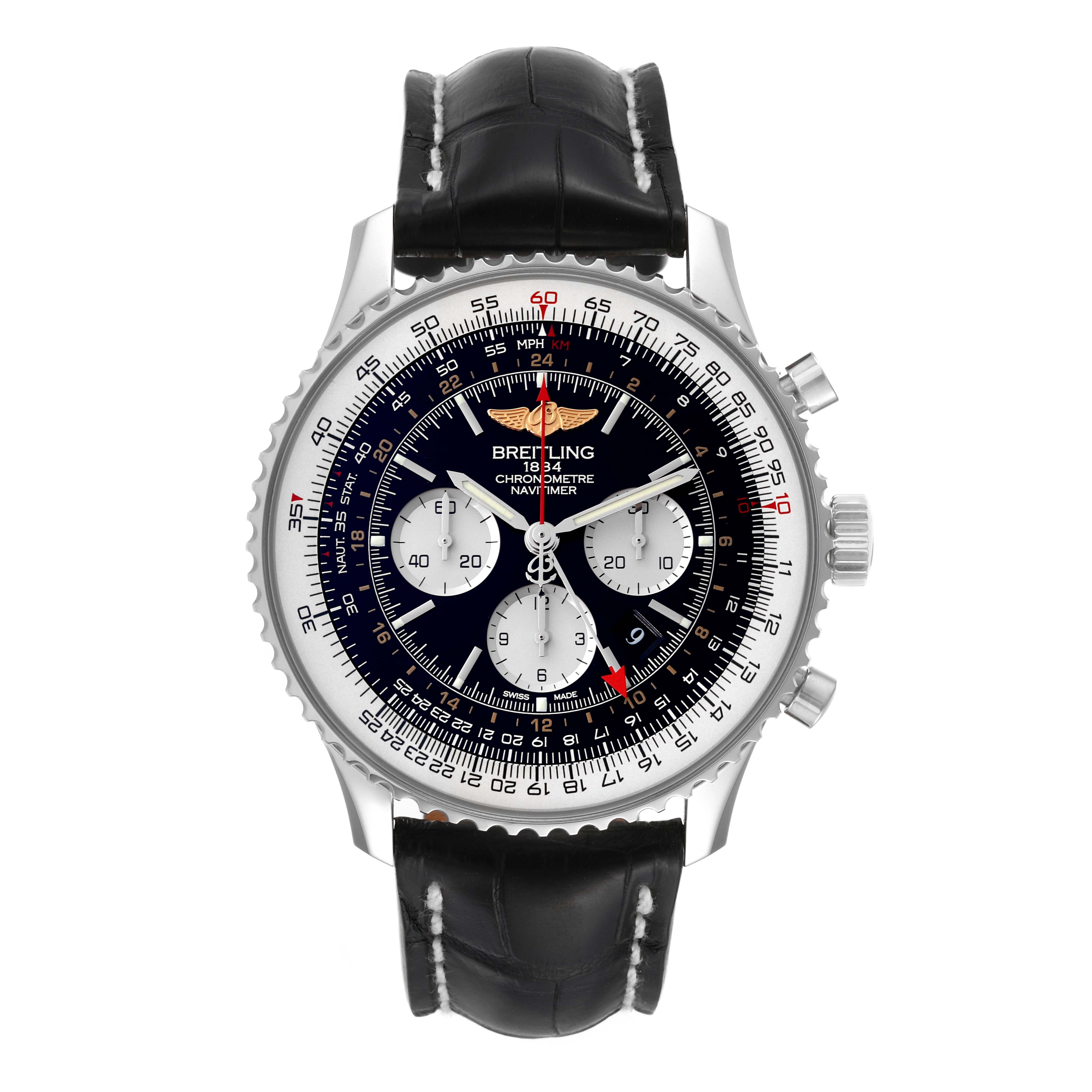 The Breitling Navitimer AB044121/BD24 Men
s Stainless Steel Black Dial AB044121/BD24 Men
s Stainless Steel Black Dial watch is shown from a front angle, highlighting its black dial, subdials, bezel, and black leather strap.