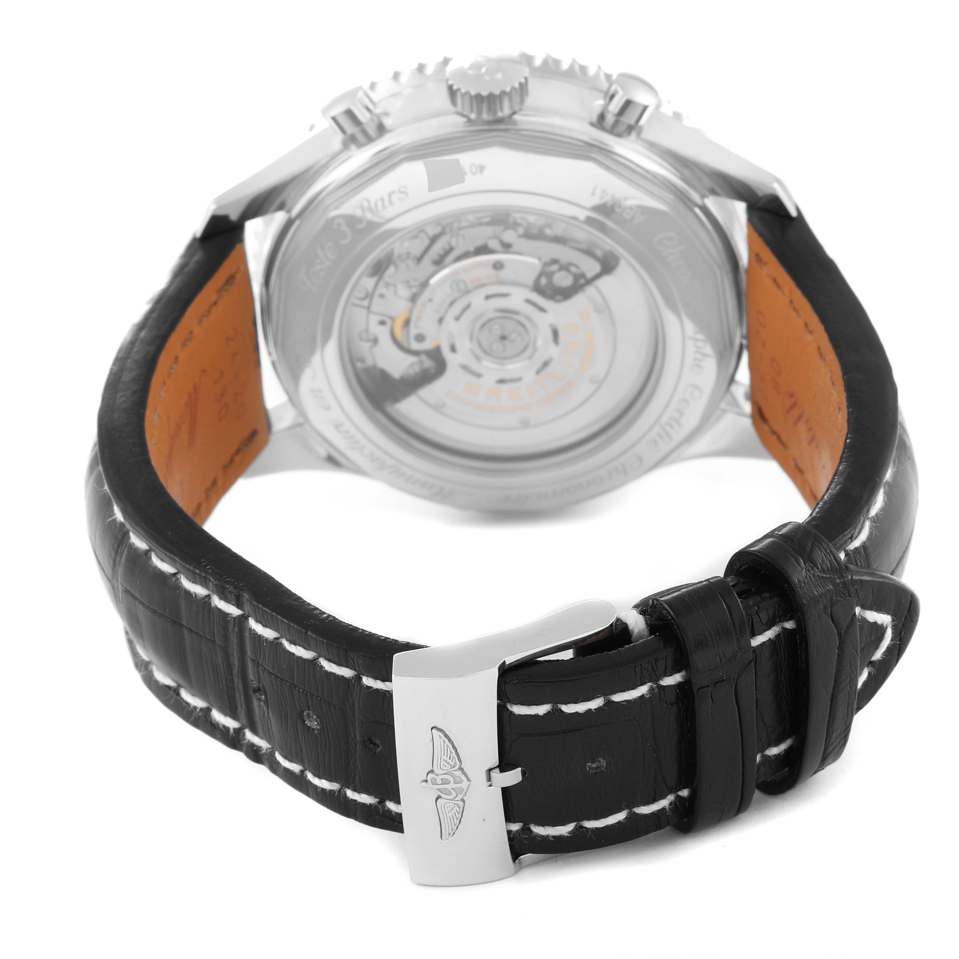 The image shows the back of a Breitling Navitimer AB044121/BD24 Men
s Stainless Steel Black Dial AB044121/BD24 Men
s Stainless Steel Black Dial watch with its leather strap and deployment clasp in focus.
