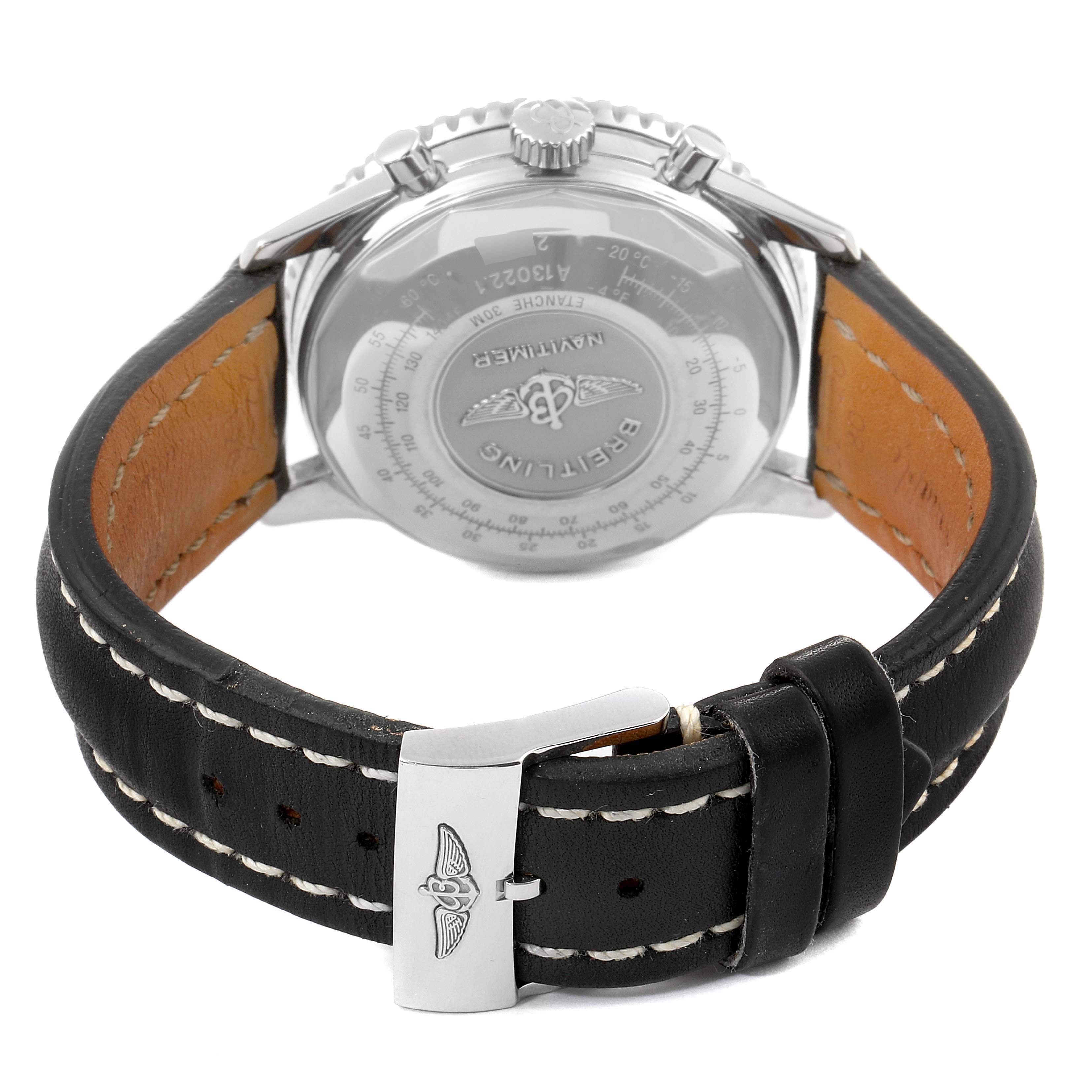 The image shows the back case and leather strap with the clasp of a Breitling Navitimer A13022 Men's Stainless Steel Black Dial A13022 Men's Stainless Steel Black Dial watch.