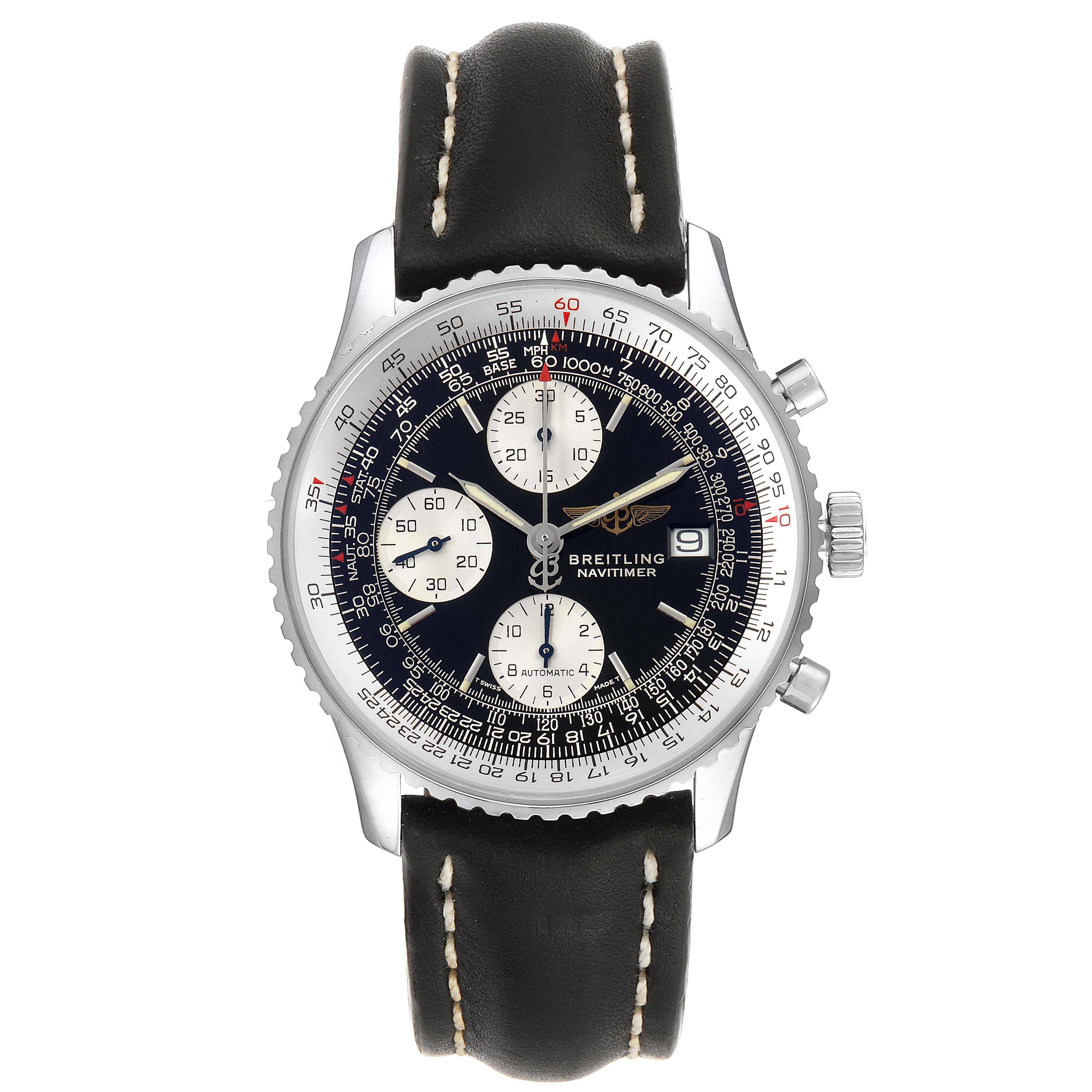 The image shows a frontal view of a Breitling Navitimer A13022 Men's Stainless Steel Black Dial A13022 Men's Stainless Steel Black Dial watch with a black leather strap and chronograph features.