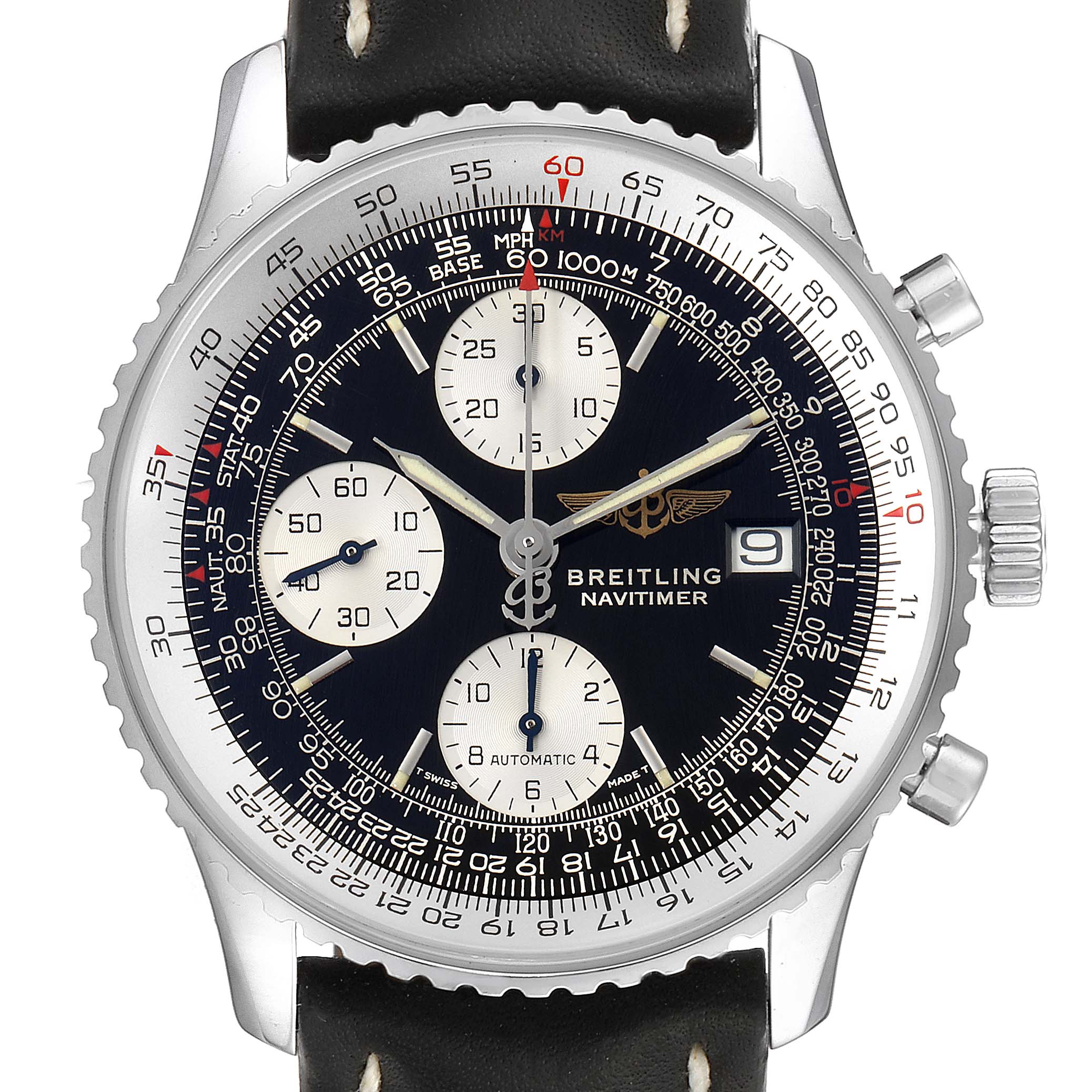 This image shows a front view of a Breitling Navitimer A13022 Men's Stainless Steel Black Dial A13022 Men's Stainless Steel Black Dial watch, highlighting the dial, bezel, subdials, and crown.