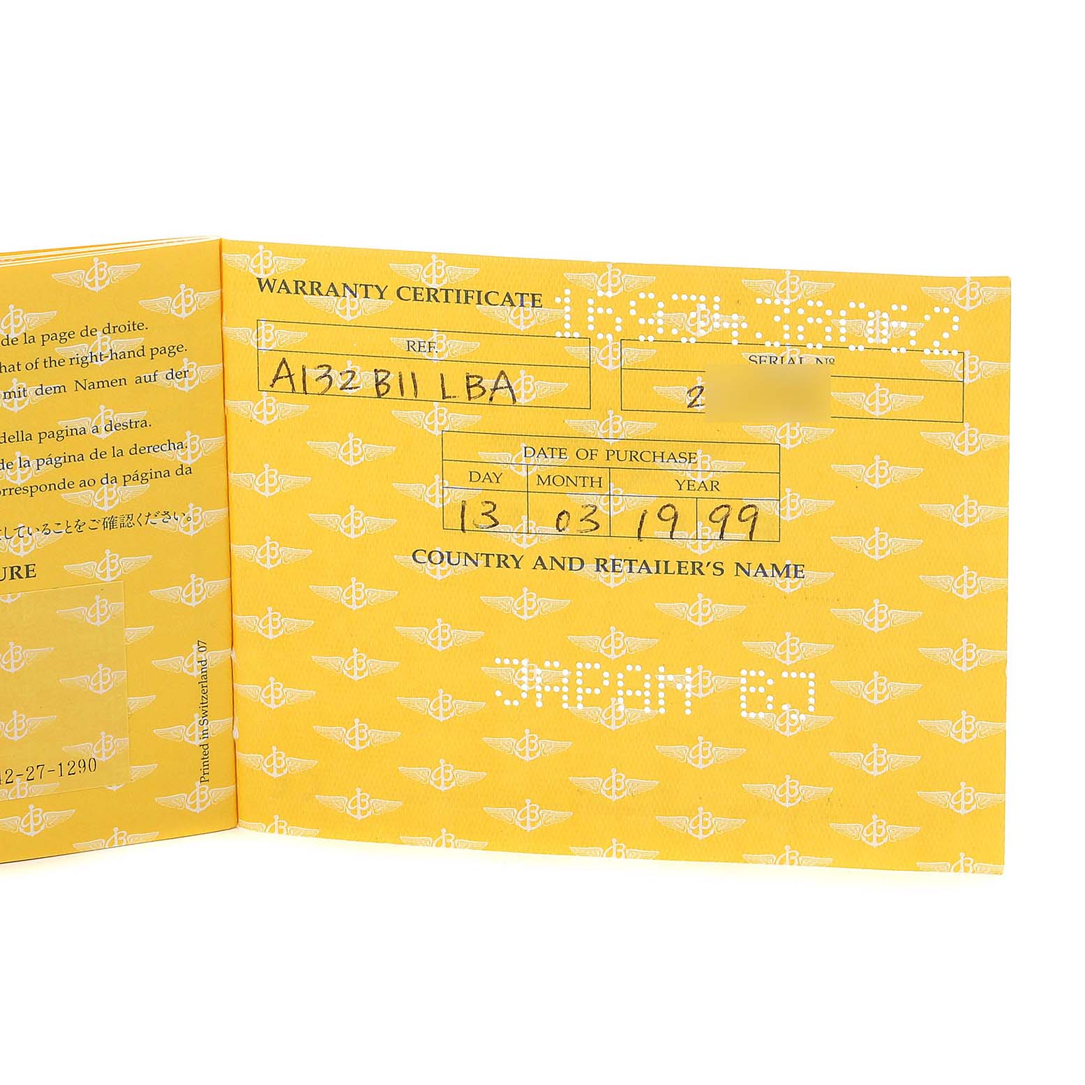 The image shows an open warranty certificate for the Breitling Navitimer A13022 Men's Stainless Steel Black Dial A13022 Men's Stainless Steel Black Dial with purchase details filled in.