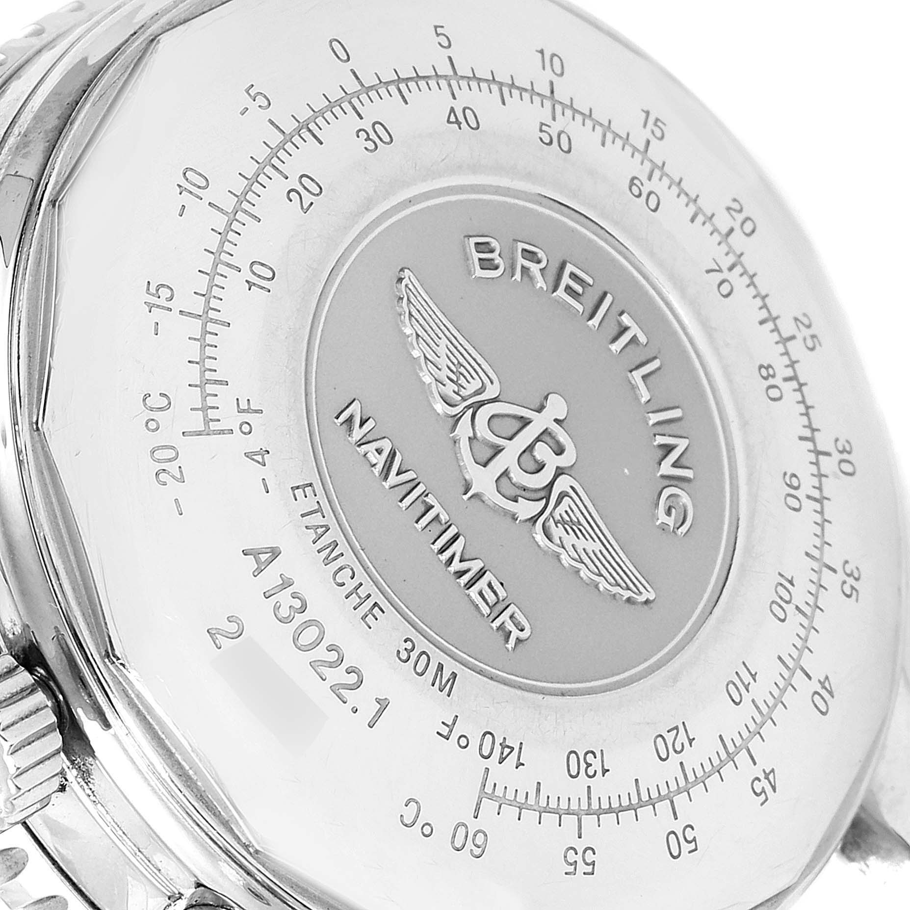 This image shows the back case of a Breitling Navitimer A13022 Men's Stainless Steel Black Dial A13022 Men's Stainless Steel Black Dial watch, featuring its branding and model details.