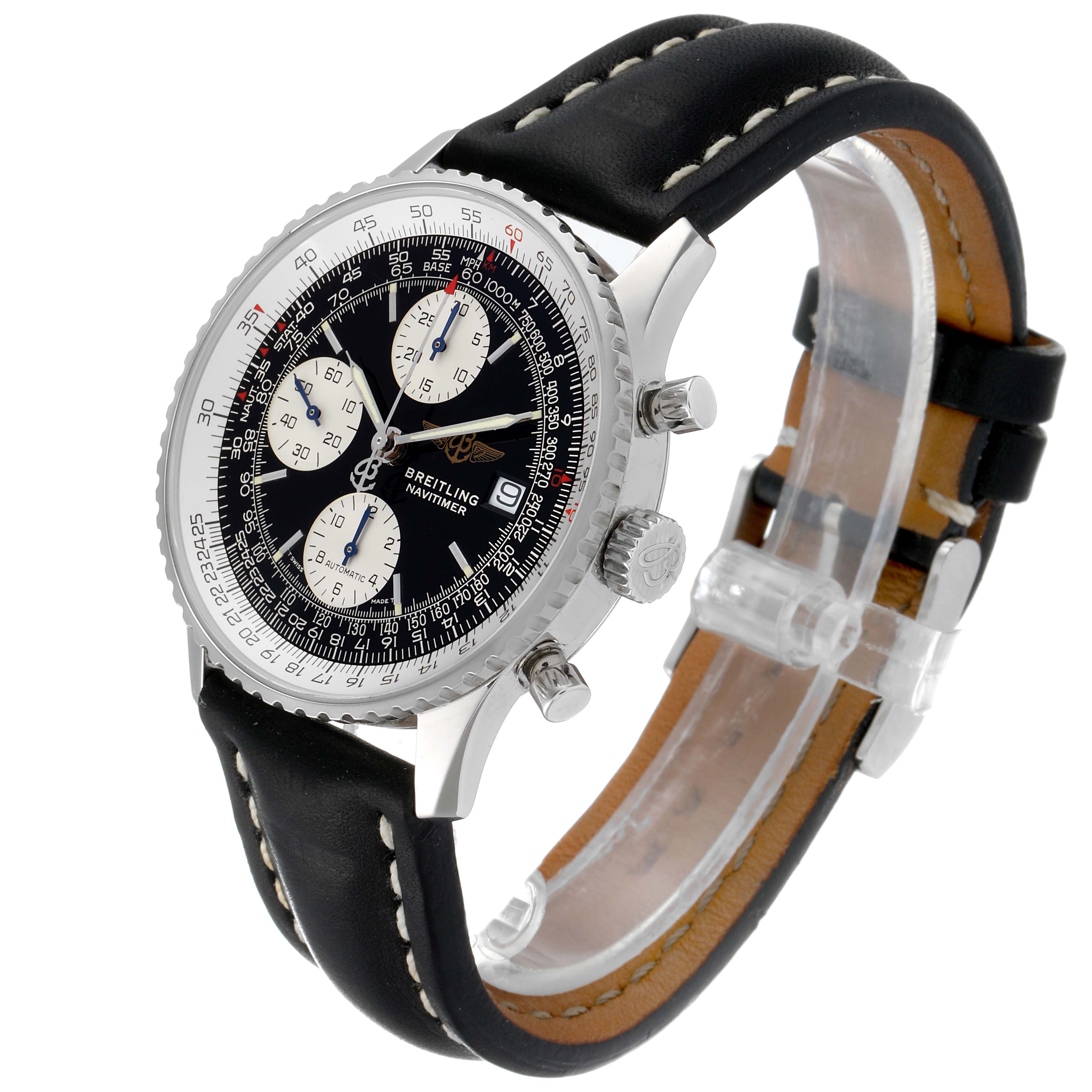 The image shows a Breitling Navitimer A13022 Men's Stainless Steel Black Dial A13022 Men's Stainless Steel Black Dial watch at a slight angle, displaying its face, bezel, crown, pushers, and leather strap.