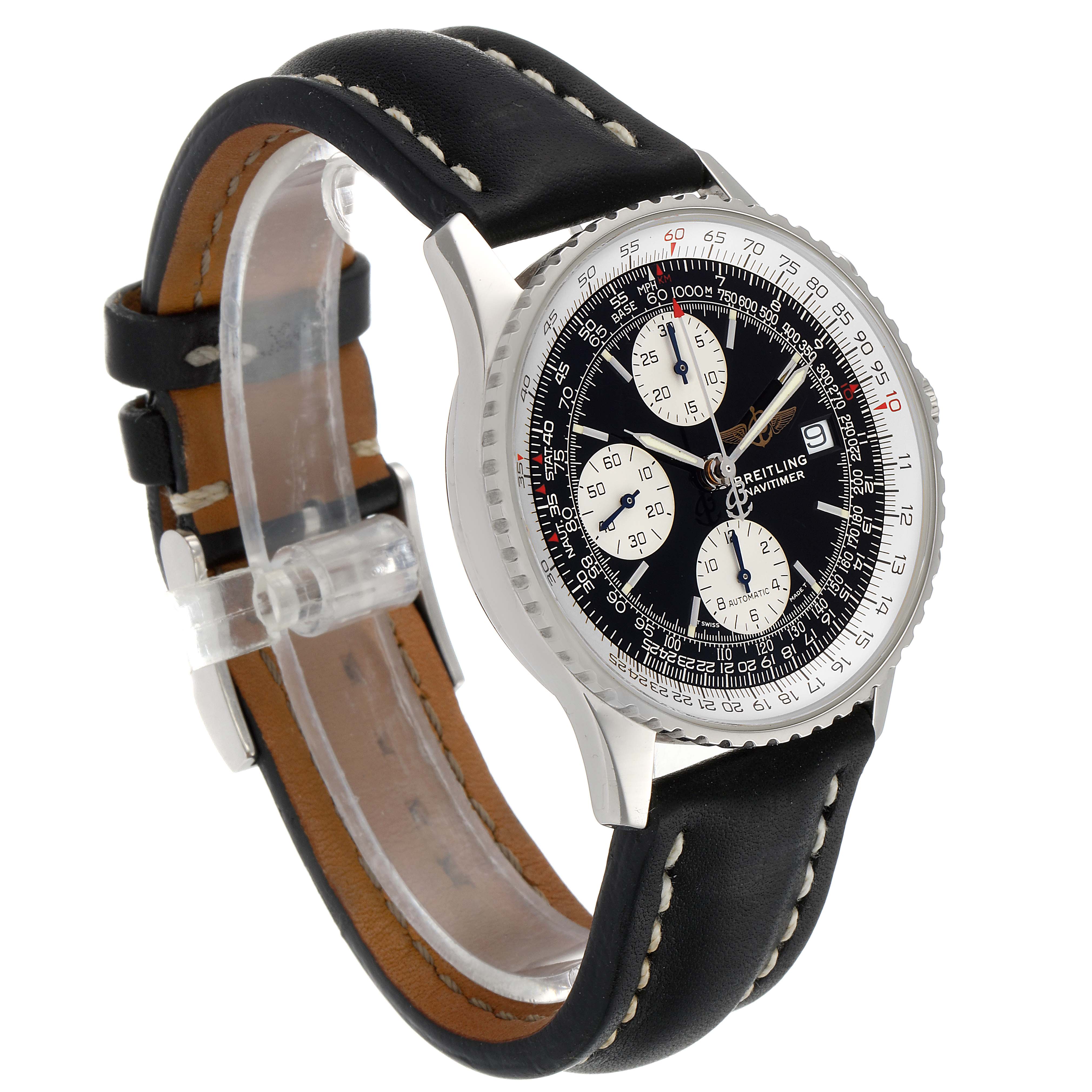 The image shows a Breitling Navitimer A13022 Men's Stainless Steel Black Dial A13022 Men's Stainless Steel Black Dial watch at an angled side view, highlighting its dial, bezel, and black leather strap.