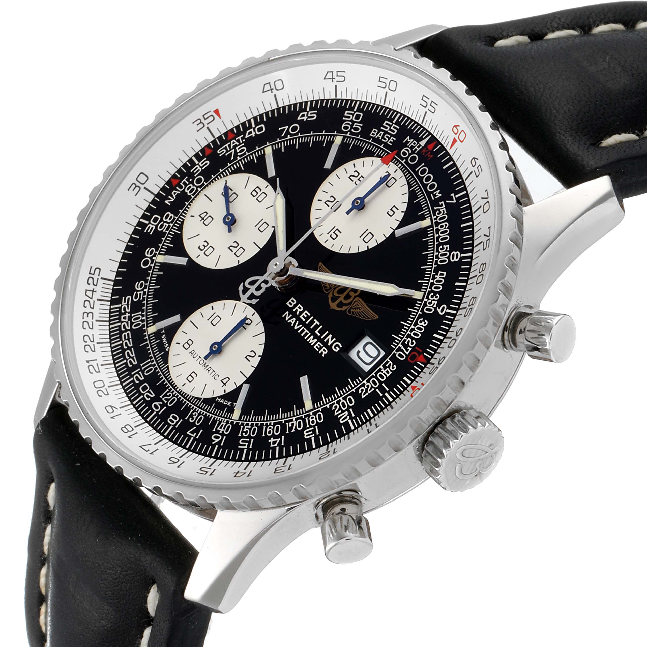 This image shows a Breitling Navitimer A13022 Men's Stainless Steel Black Dial A13022 Men's Stainless Steel Black Dial watch at a 45-degree angle, highlighting the bezel, crown, sub-dials, and strap.