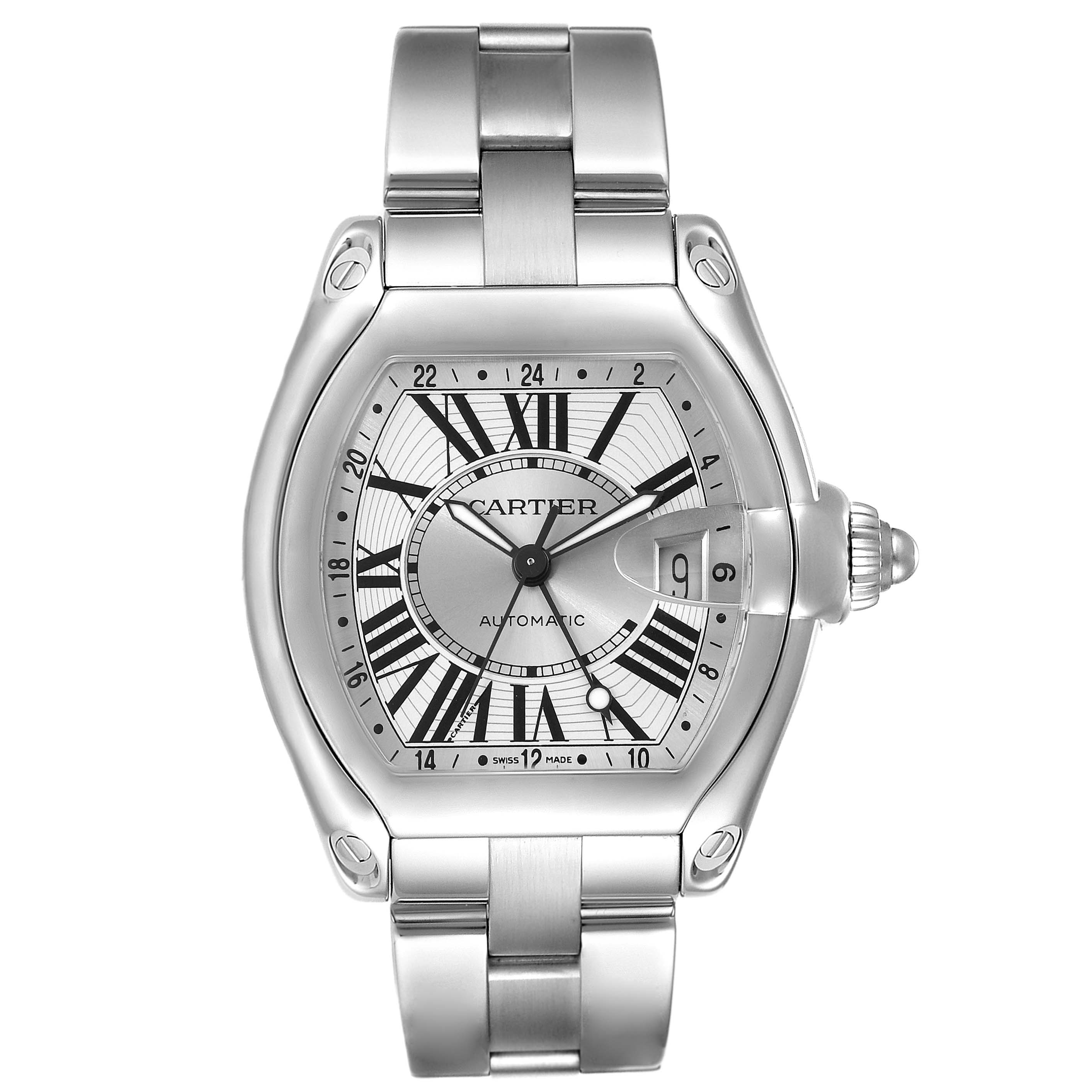 The image shows a frontal view of the Cartier Roadster W62032X6 Men's Stainless Steel Silver Dial W62032X6 Men's Stainless Steel Silver Dial watch, displaying its face, bezel, bracelet, and crown.