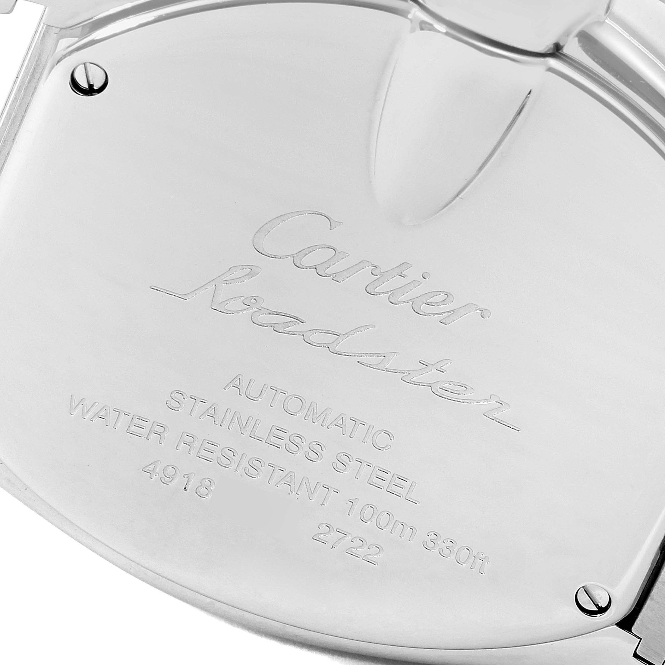 This image shows the back case of a Cartier Roadster W62032X6 Men's Stainless Steel Silver Dial W62032X6 Men's Stainless Steel Silver Dial watch, highlighting the model's inscriptions and details.