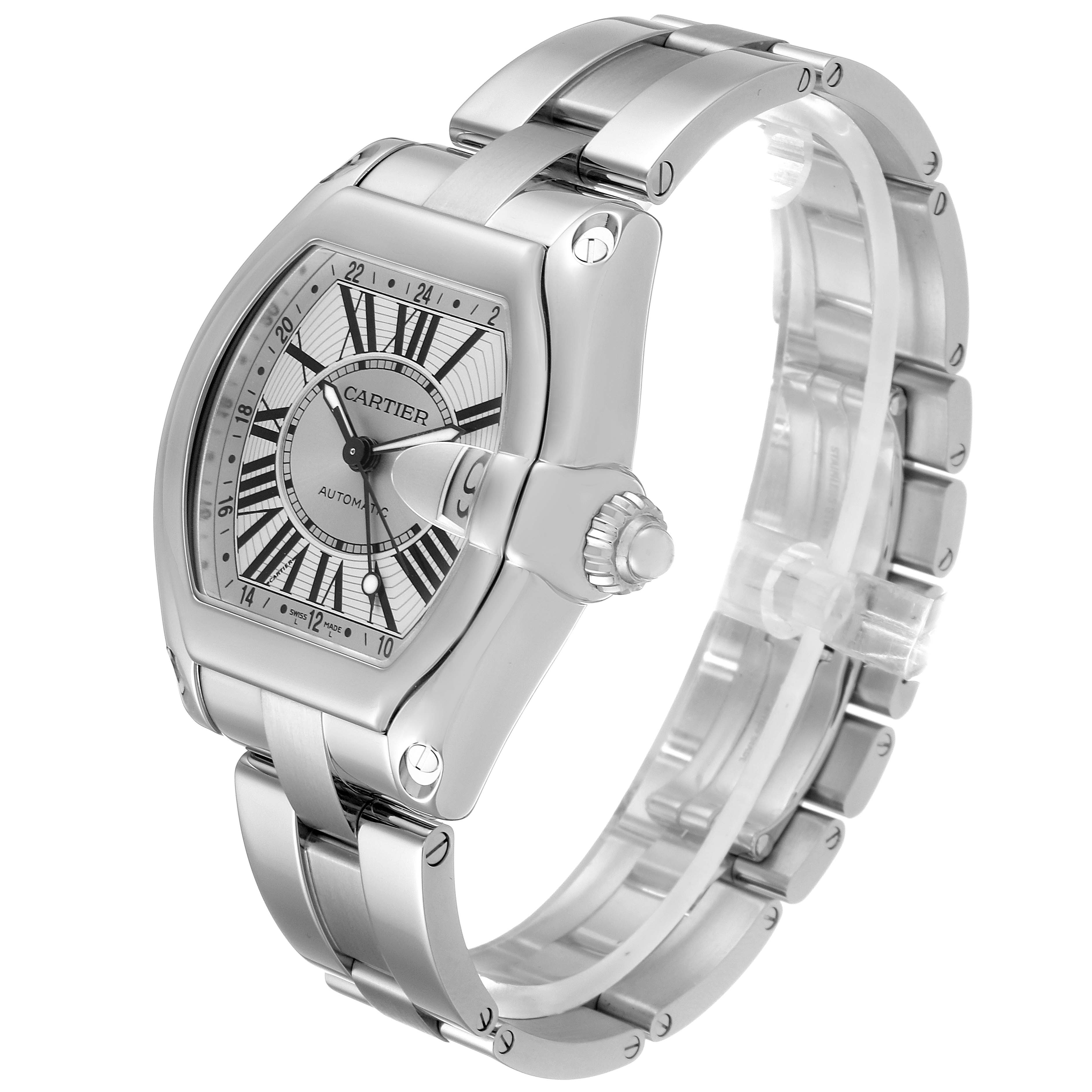 The Cartier Roadster W62032X6 Men's Stainless Steel Silver Dial W62032X6 Men's Stainless Steel Silver Dial watch is shown at a 3/4 angle highlighting the dial, crown, and bracelet.